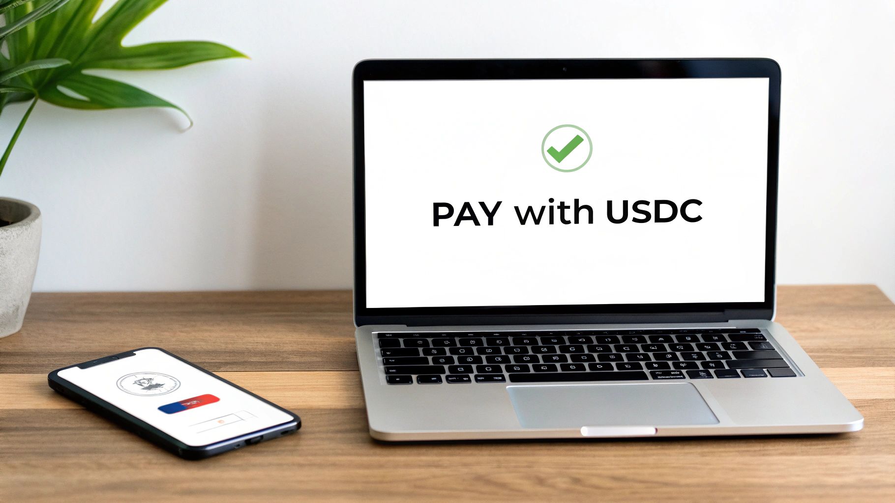 A laptop screen displays 'PAY with USDC' and a green checkmark, next to a smartphone on a wooden desk.