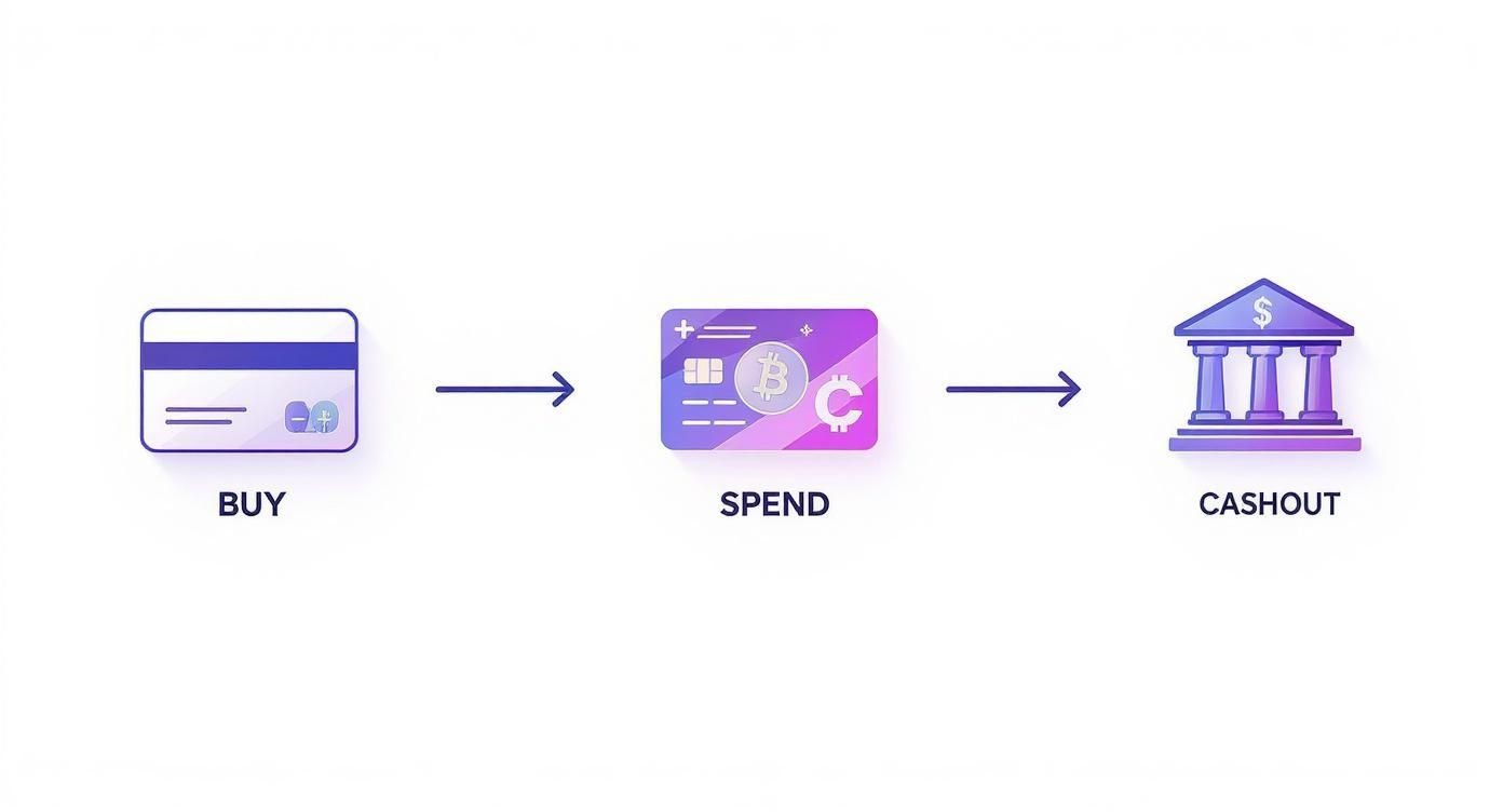 Cryptocurrency payment flow diagram showing buy, spend, and cashout process with card and bank icons