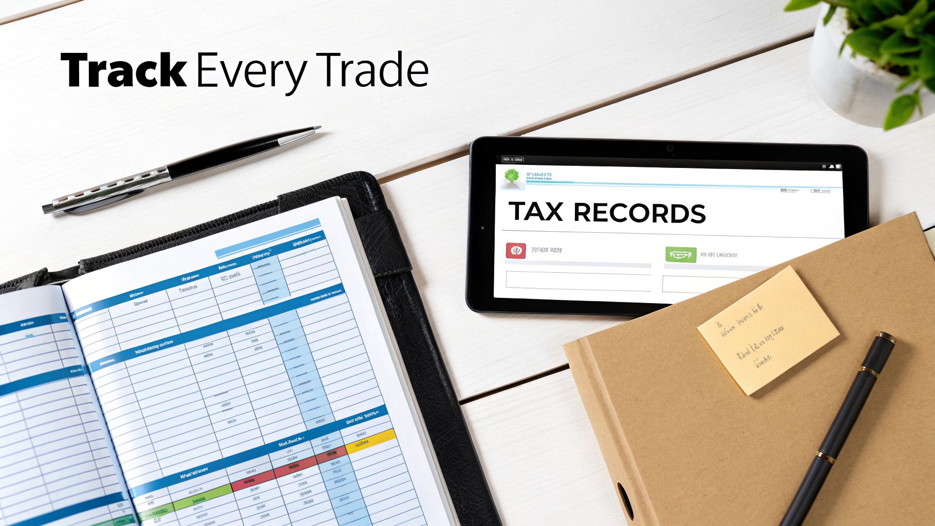 A desk with an open ledger, a tablet showing 'TAX RECORDS', a pen, and a plant, emphasizing trade tracking.