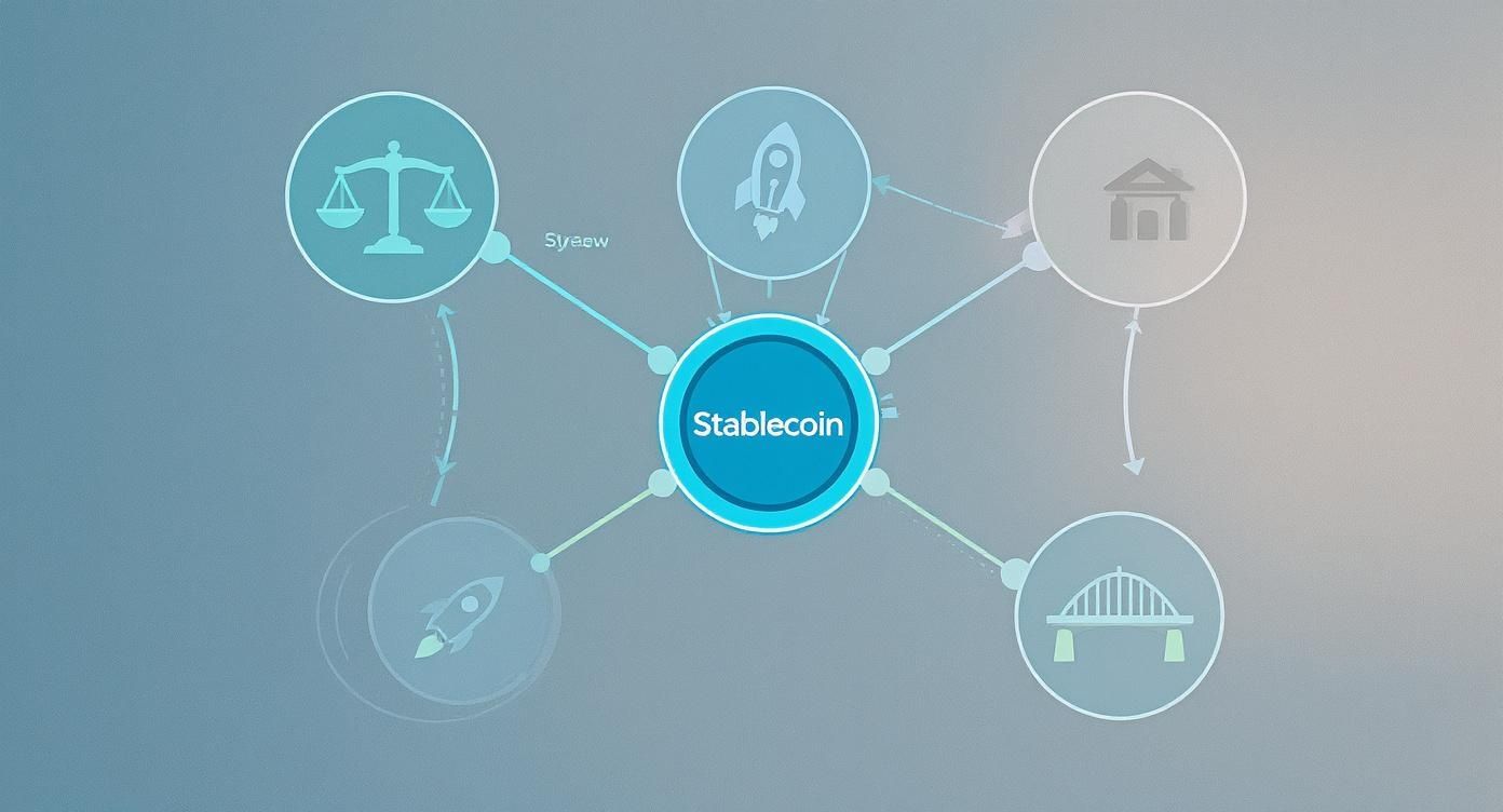 Diagram illustrating stablecoin's ecosystem, showing connections to legal, finance, innovation, and infrastructure.