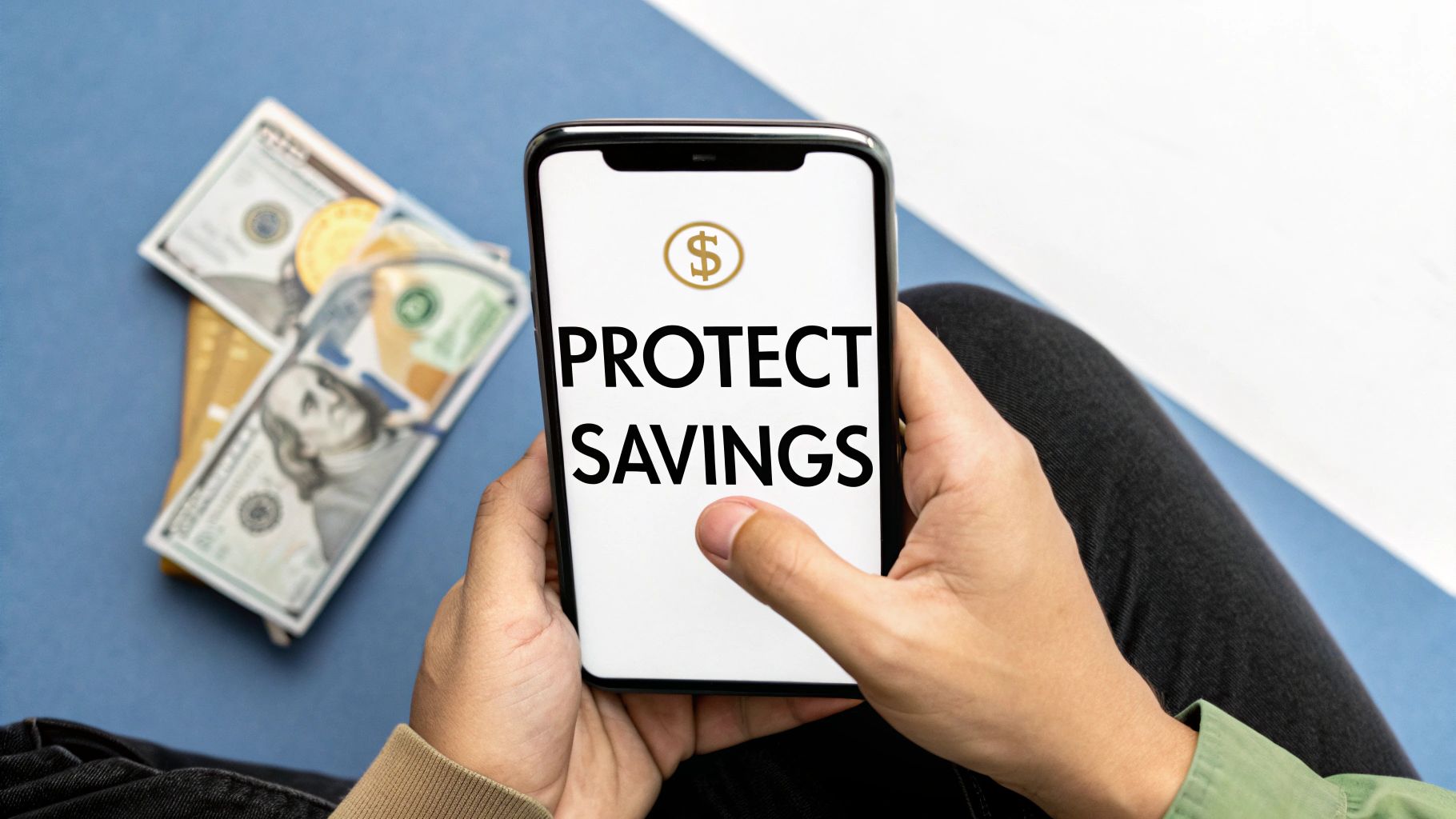 Hands hold a smartphone displaying 'PROTECT SAVINGS' with a dollar sign next to stacks of US dollar bills.