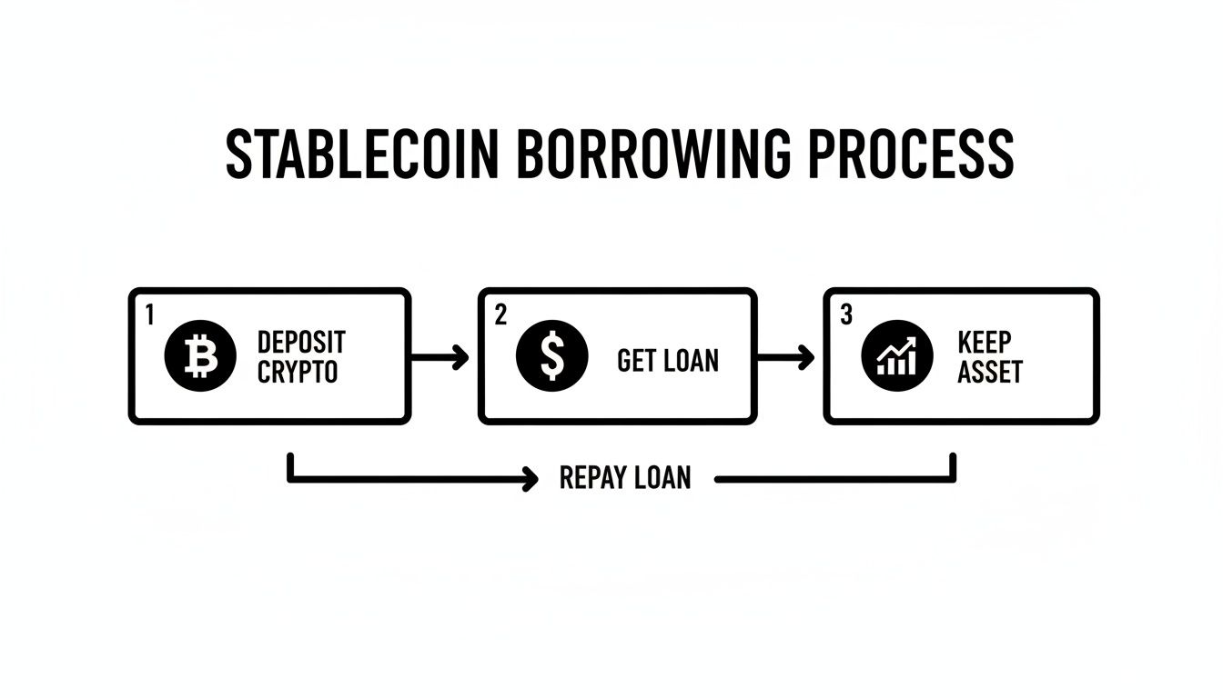 Flowchart illustrating the stablecoin borrowing process with steps: deposit crypto, get loan, keep asset, and repay loan.