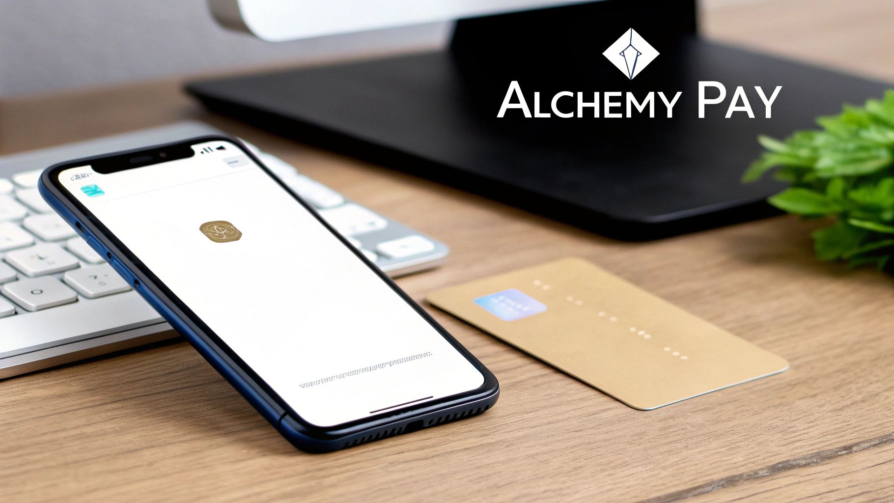 Alchemy Pay mobile app displayed on smartphone next to payment card on wooden desk