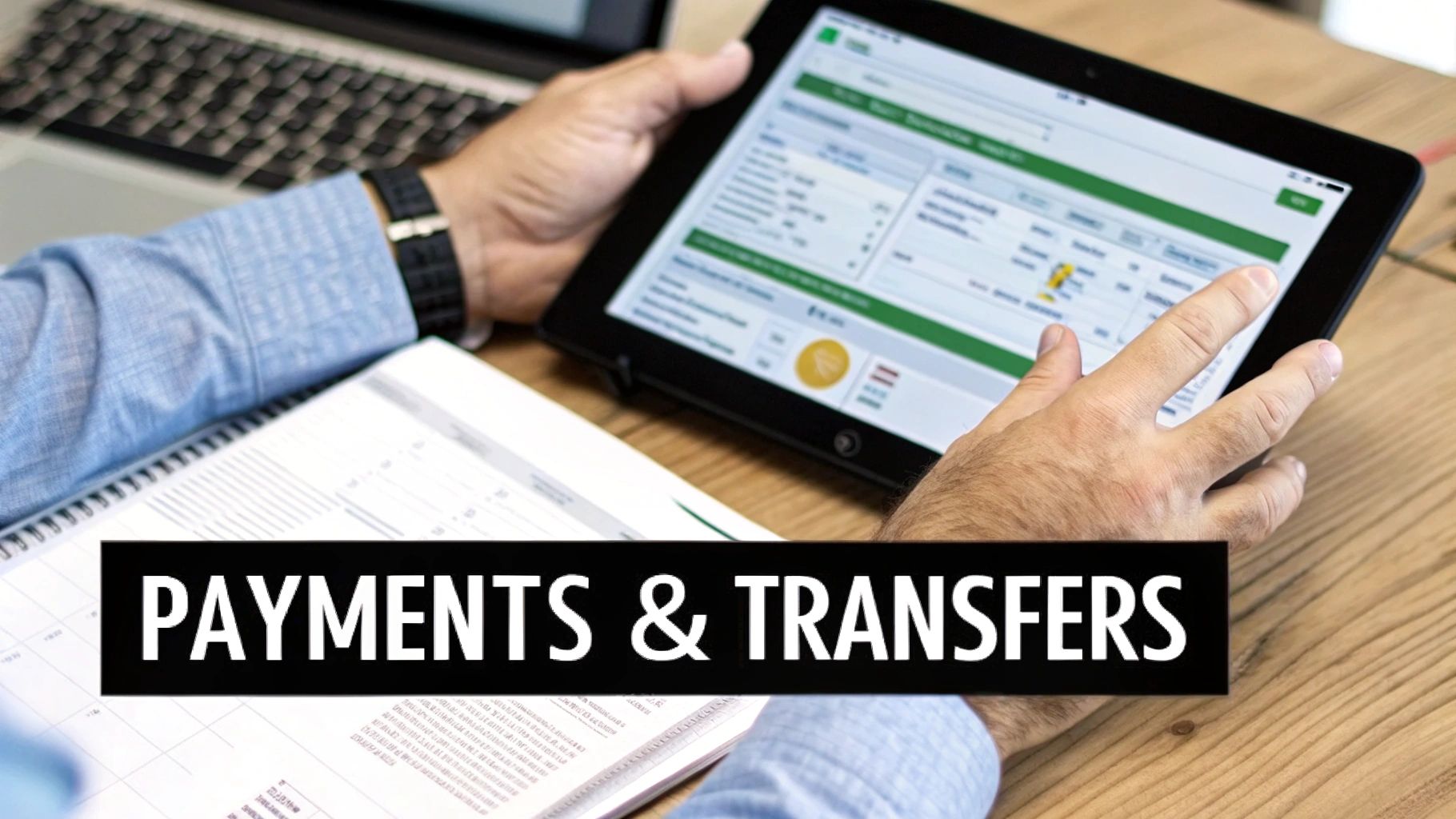 Hands interacting with a tablet displaying financial data and a 'Payments & Transfers' application.