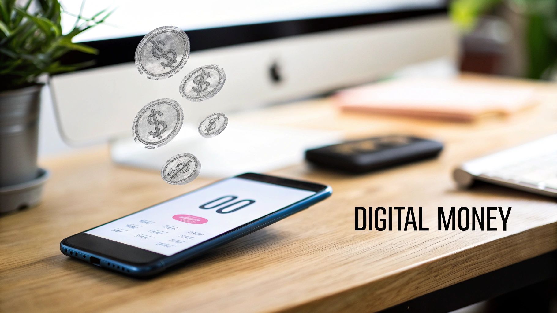 Digital dollar coins floating above a smartphone on a wooden desk with a computer monitor.