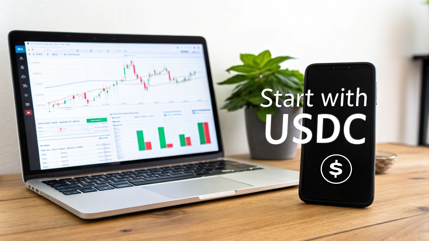 A laptop displaying cryptocurrency charts next to a smartphone with “Start with USDC” and a dollar sign.