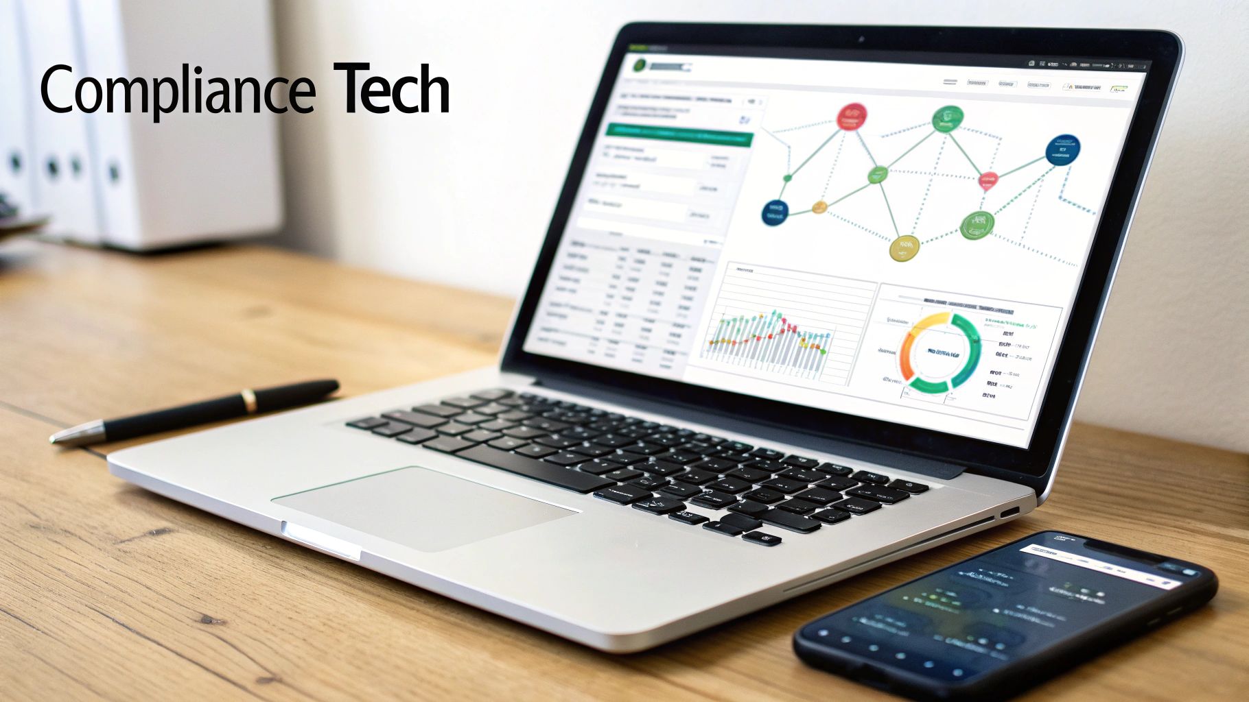 A laptop on a wooden desk displays compliance technology data and graphs, alongside a smartphone and pen.
