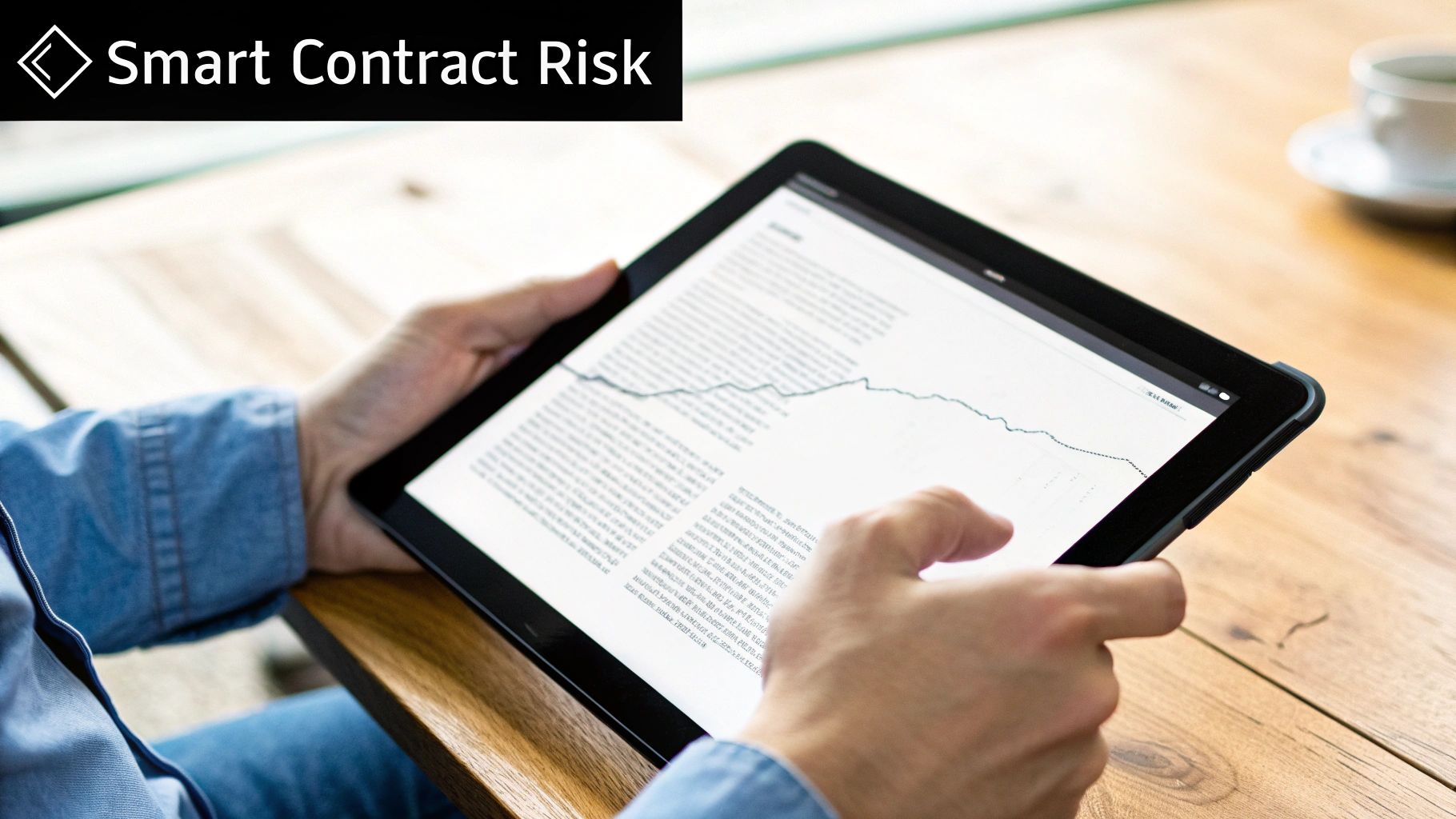 Person in blue shirt holds a tablet displaying an article about Smart Contract Risk with a graph.