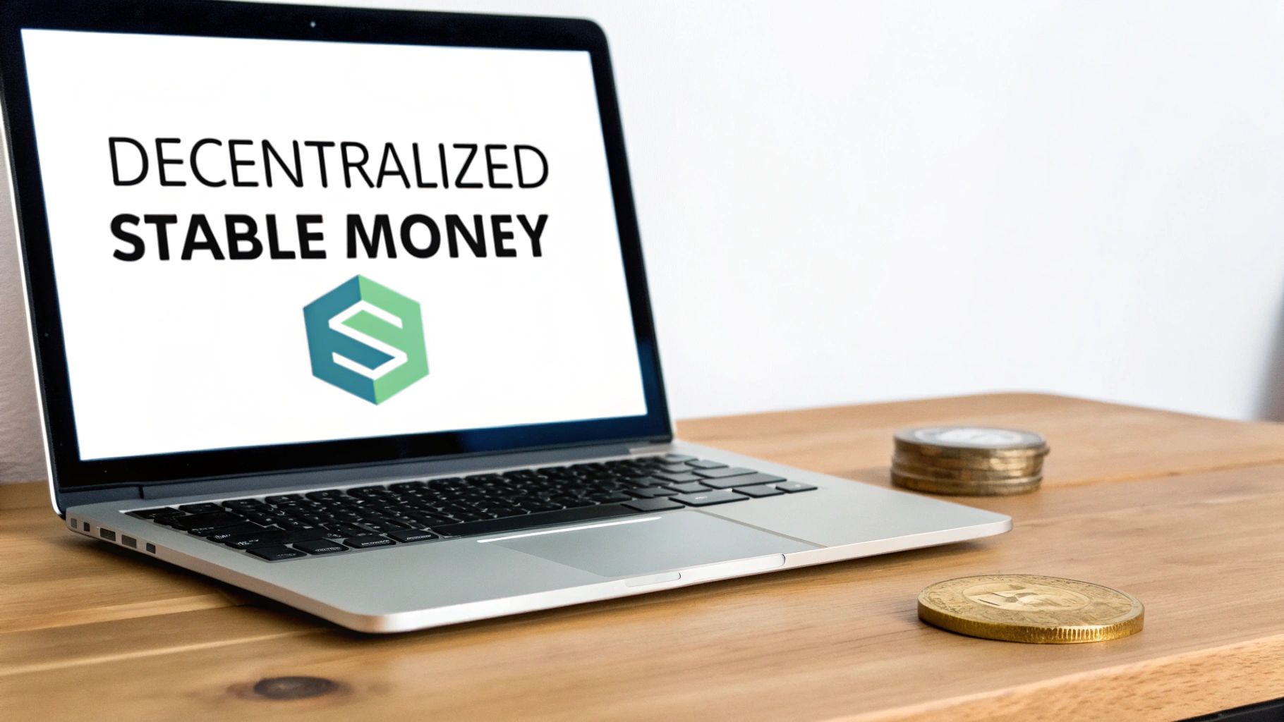 A laptop displays 'Decentralized Stable Money' with a logo, alongside crypto coins on a wooden desk.