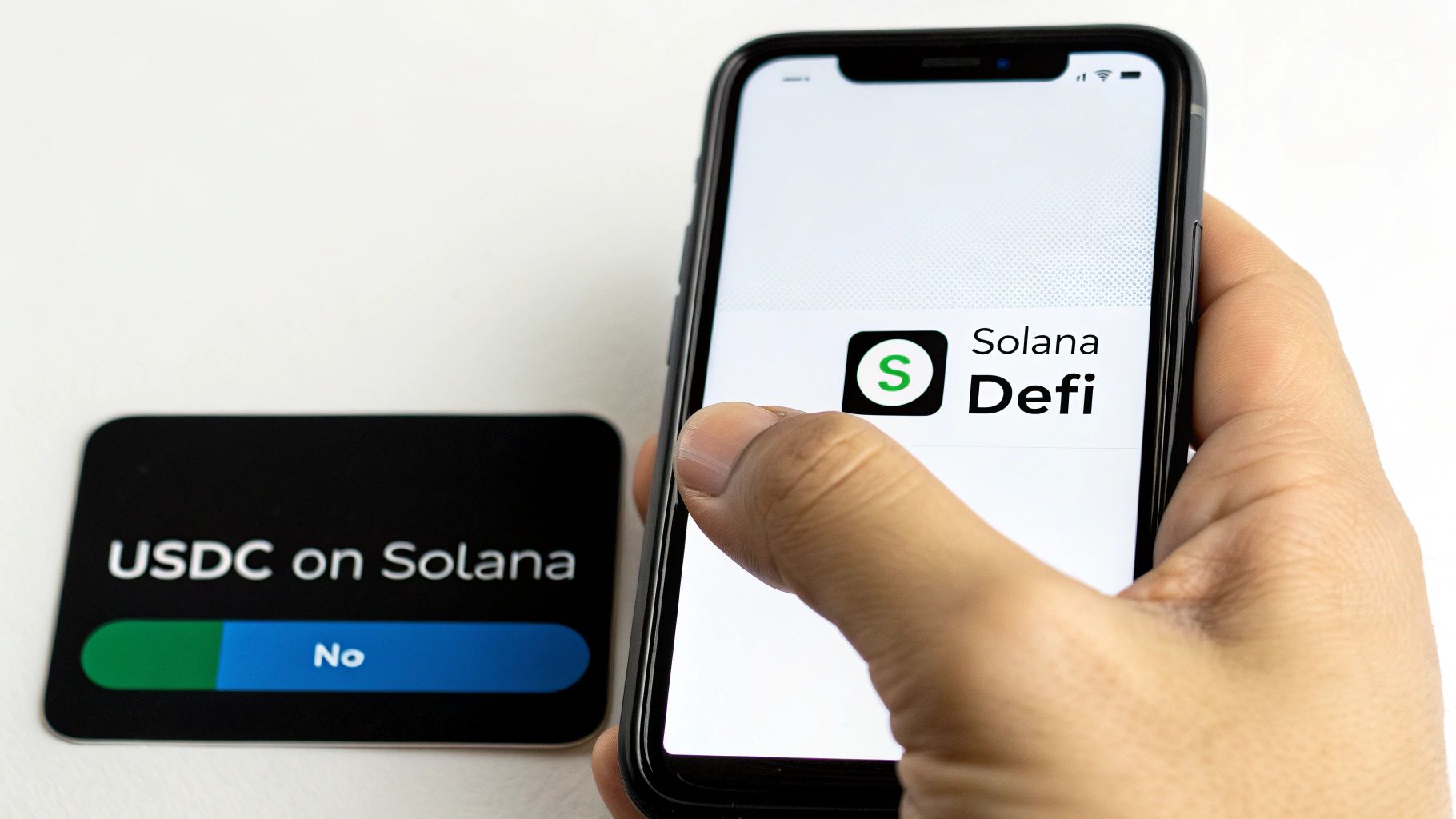 Woman interacting with a holographic interface showing Solana ecosystem apps.