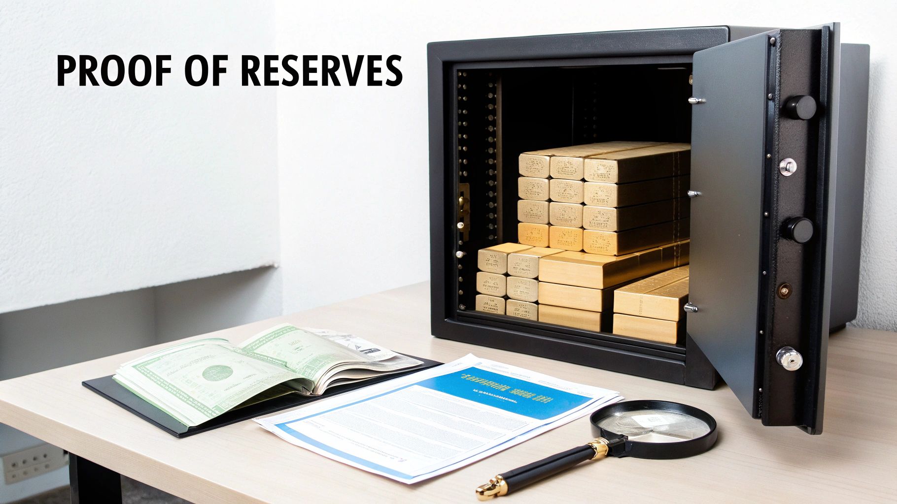An open safe full of gold bars on a desk, with documents and magnifying glass, illustrating proof of reserves.