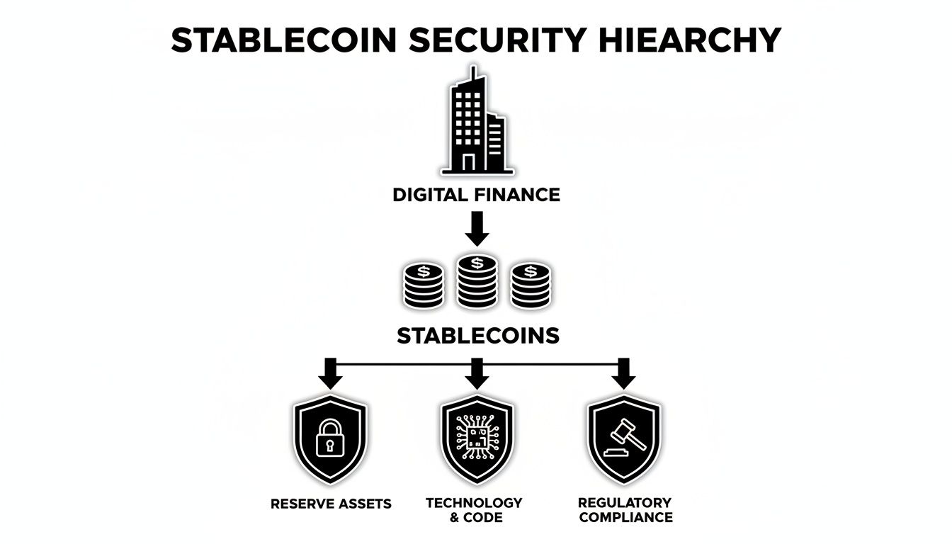 A stablecoin security hierarchy chart showing digital finance leading to stablecoins, supported by reserve assets, technology, and regulatory compliance.