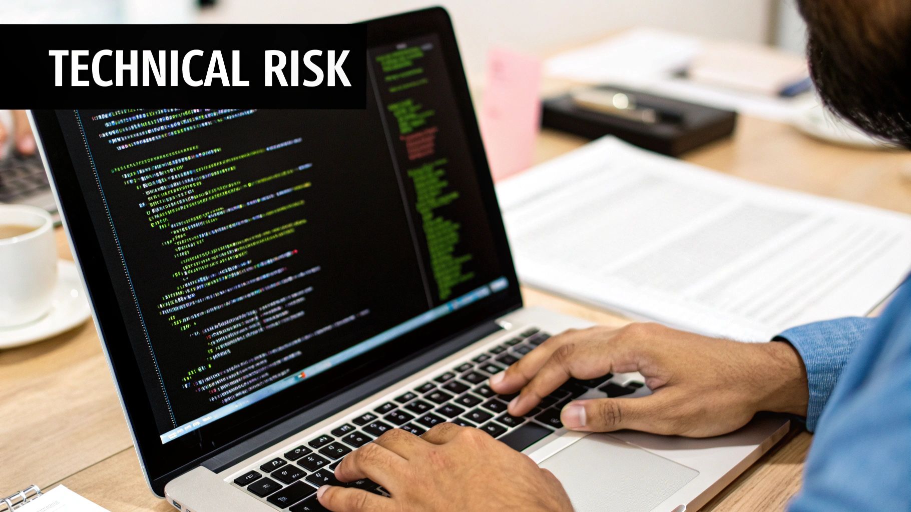 A person coding on a laptop, displaying lines of code with a 'TECHNICAL RISK' banner.