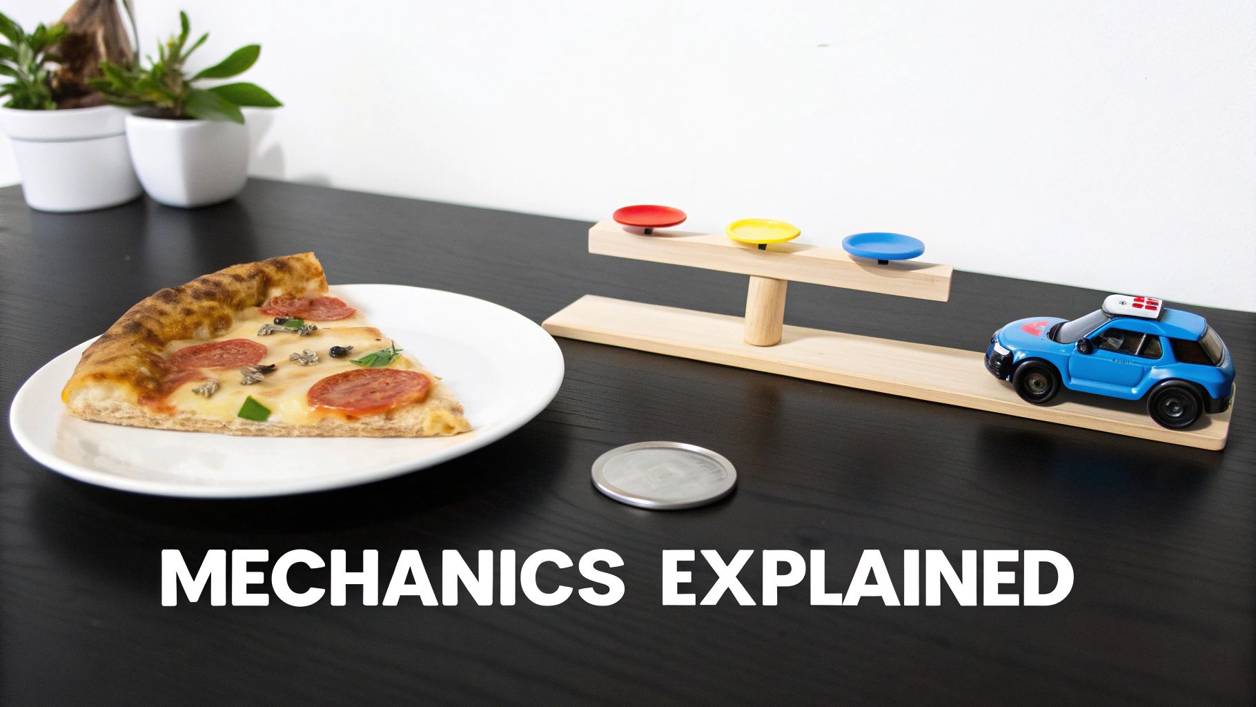 A slice of pizza, a blue toy car, and a wooden structure with colorful discs, illustrating 'MECHANICS EXPLAINED'.