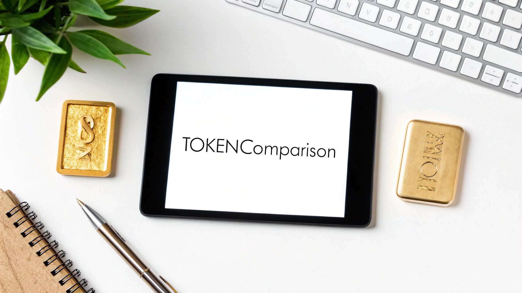A white desk flat lay featuring a tablet with 'TOKENComparison', two gold bars, a keyboard, and a plant.