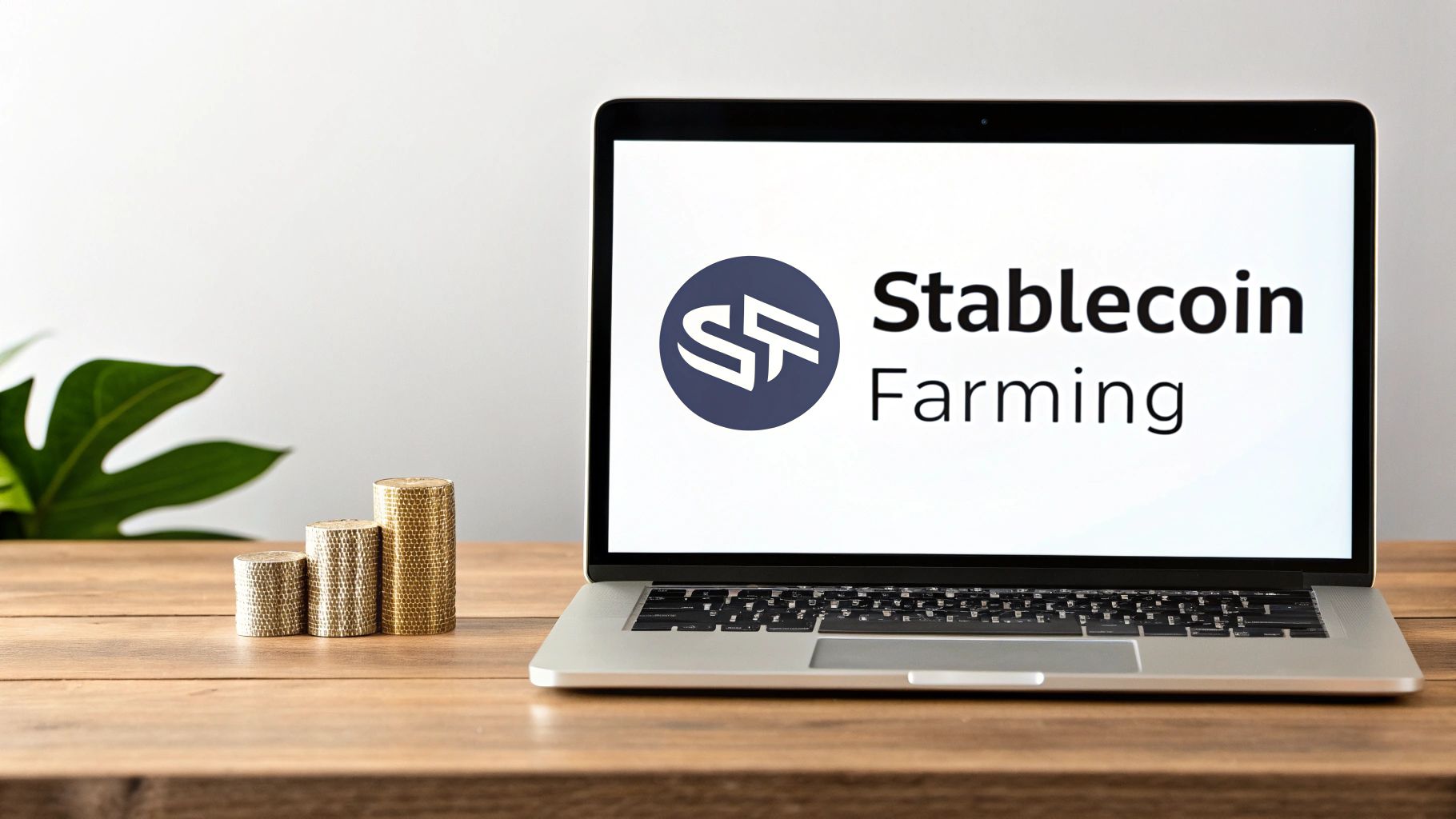 A laptop displays 'Stablecoin Farming' next to gold stacks representing financial growth on a wooden desk.