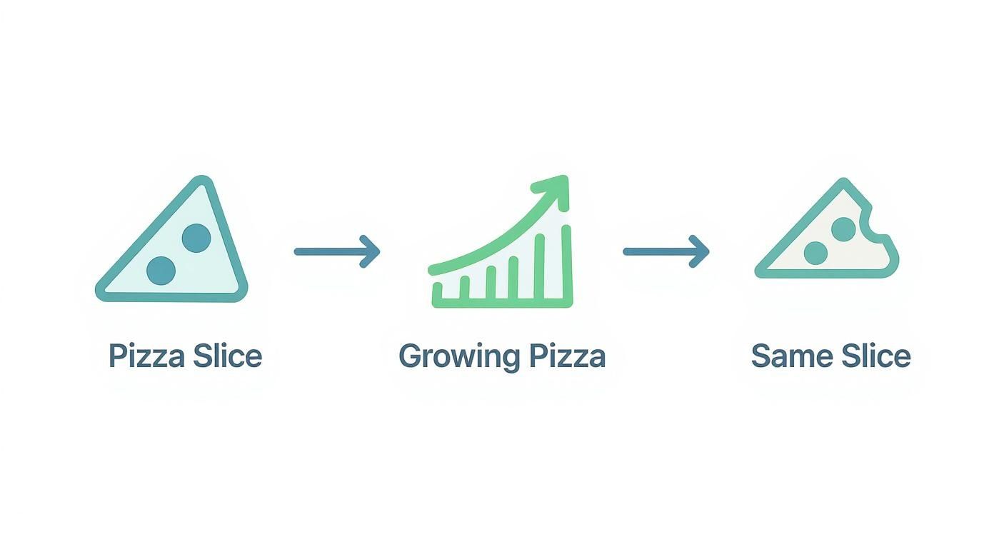 Illustration showing a pizza slice growing into a larger pizza, then the original slice with a bite taken out.
