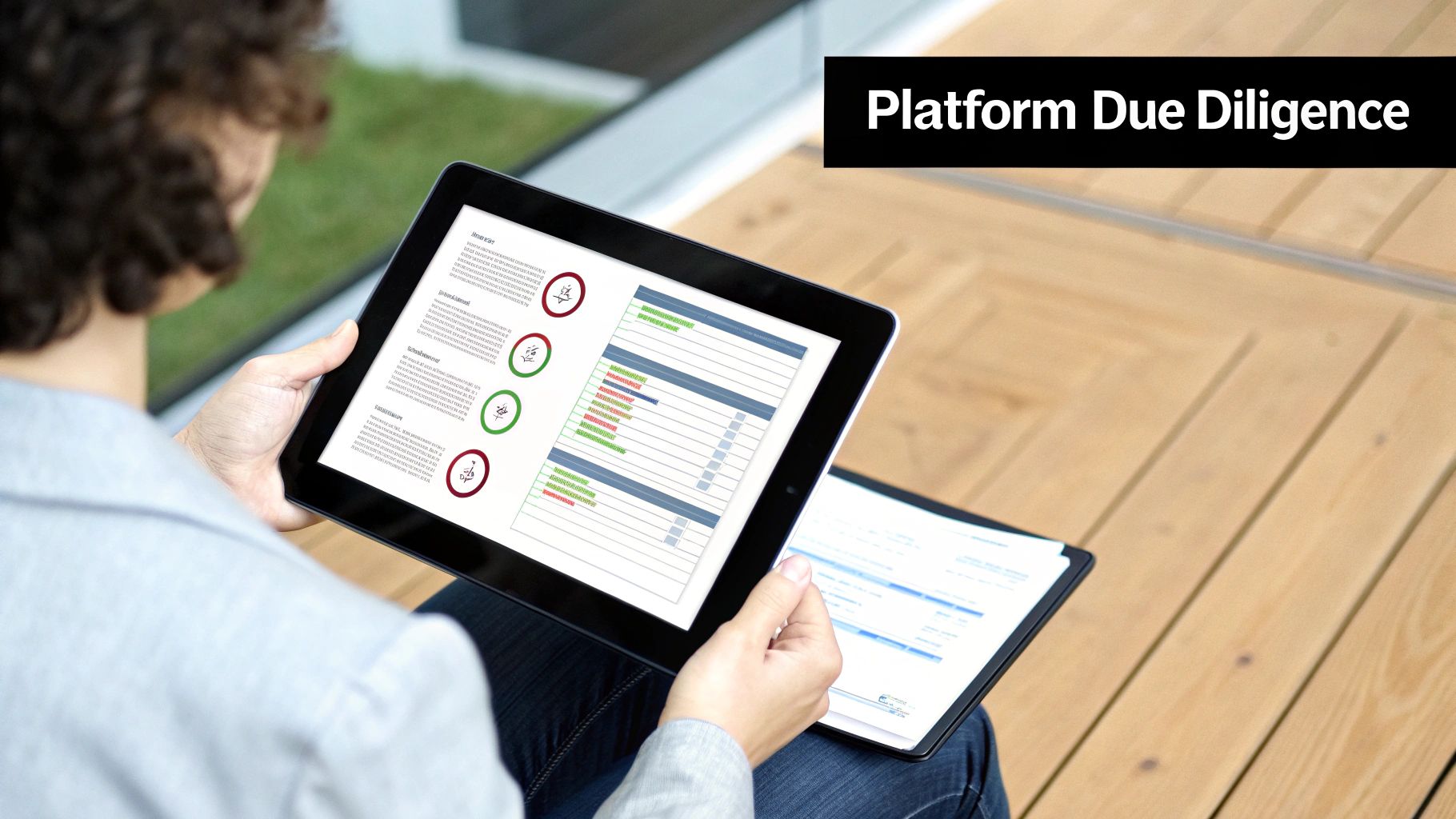 A person holds a tablet displaying business charts and text, with 'Platform Due Diligence' overlay.