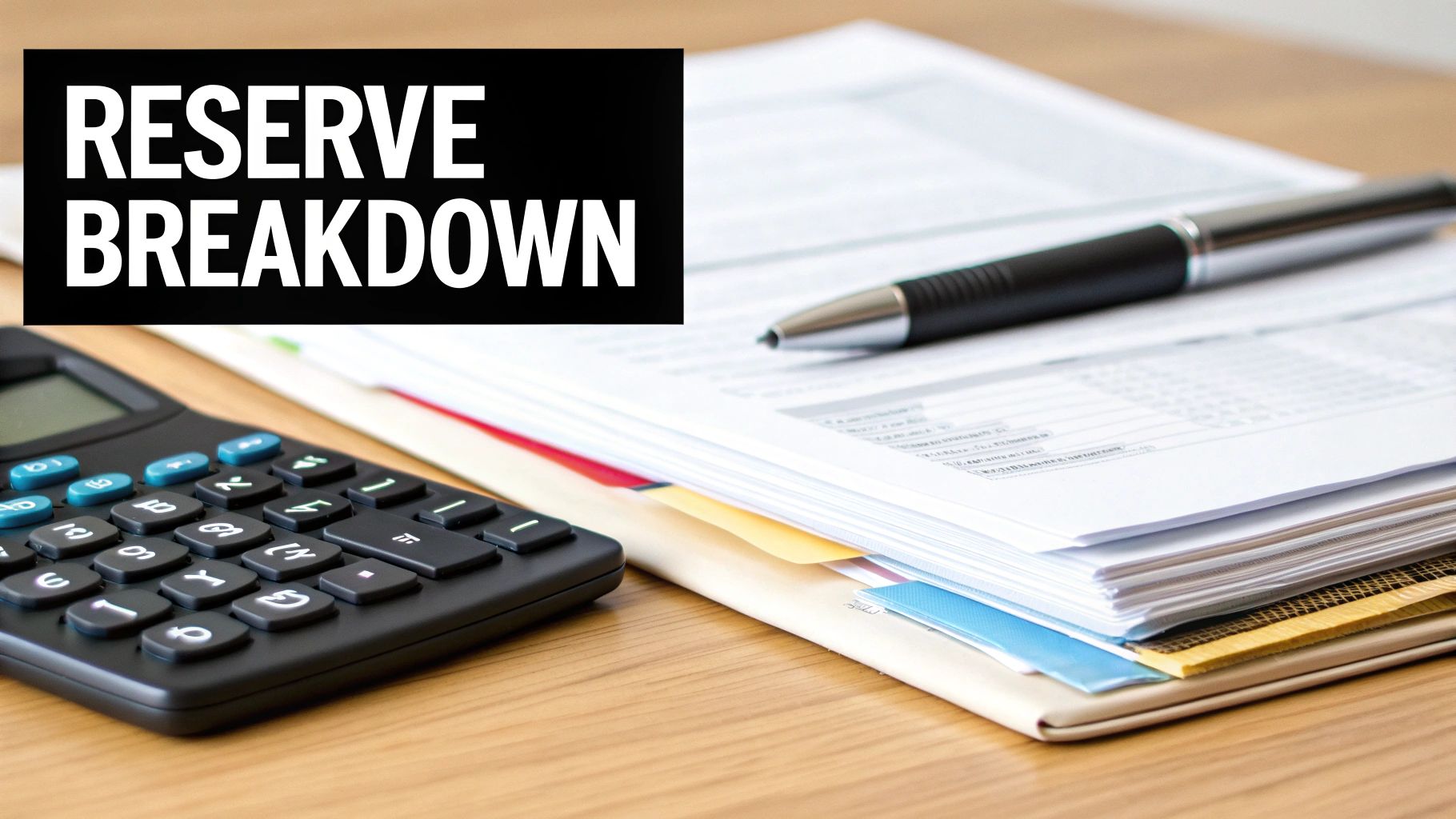 A calculator, documents, and pen on a desk with a 'RESERVE BREAKDOWN' title.