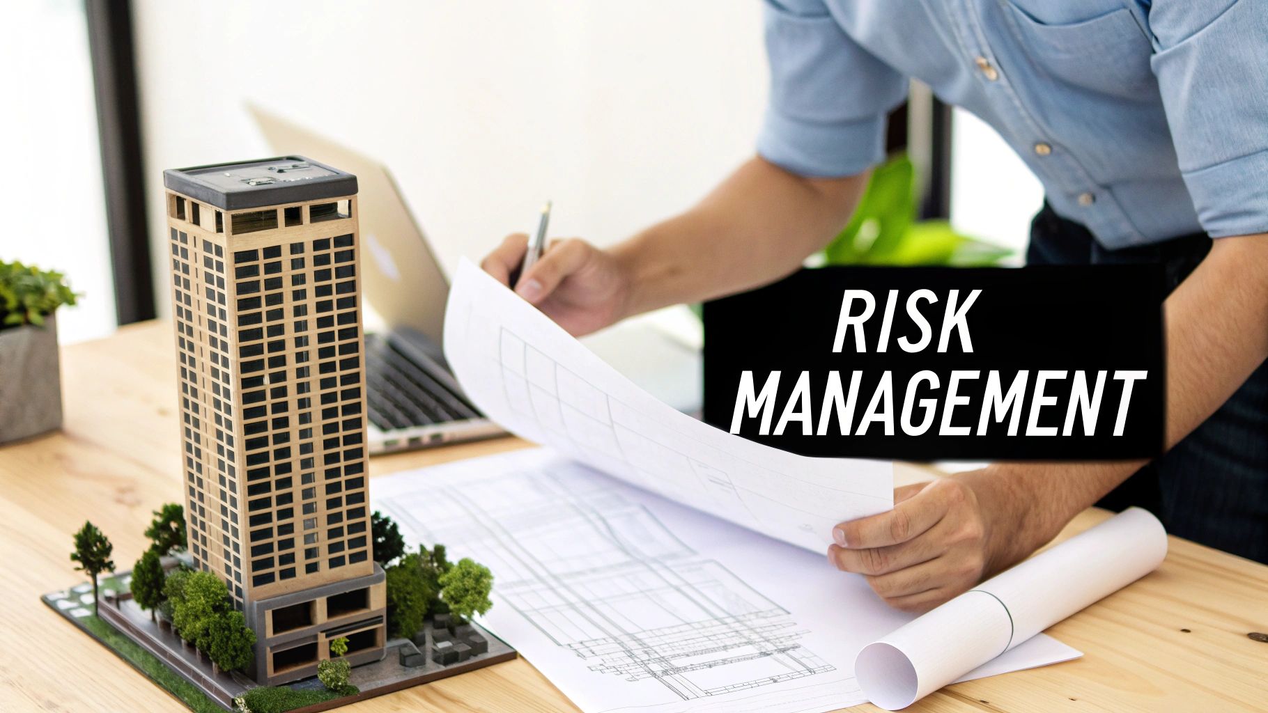 Architect reviews building plans beside a skyscraper model, emphasizing risk management in construction.