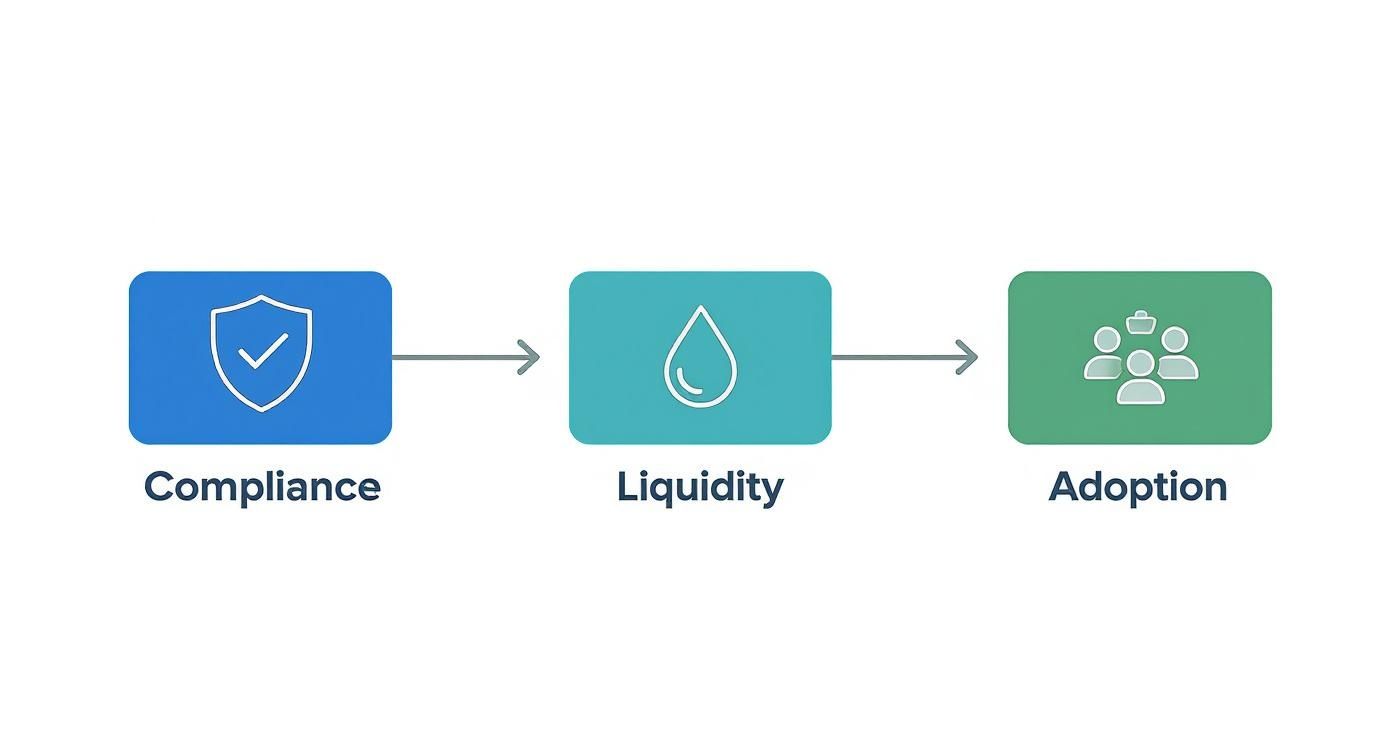 Three-step process flowchart showing compliance, liquidity, and adoption stages for stablecoin integration in NFT marketplaces