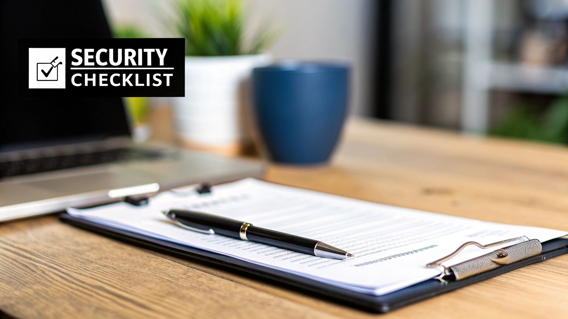 A document titled "SECURITY CHECKLIST" on a clipboard with a pen, laptop, and mug on a wooden desk.