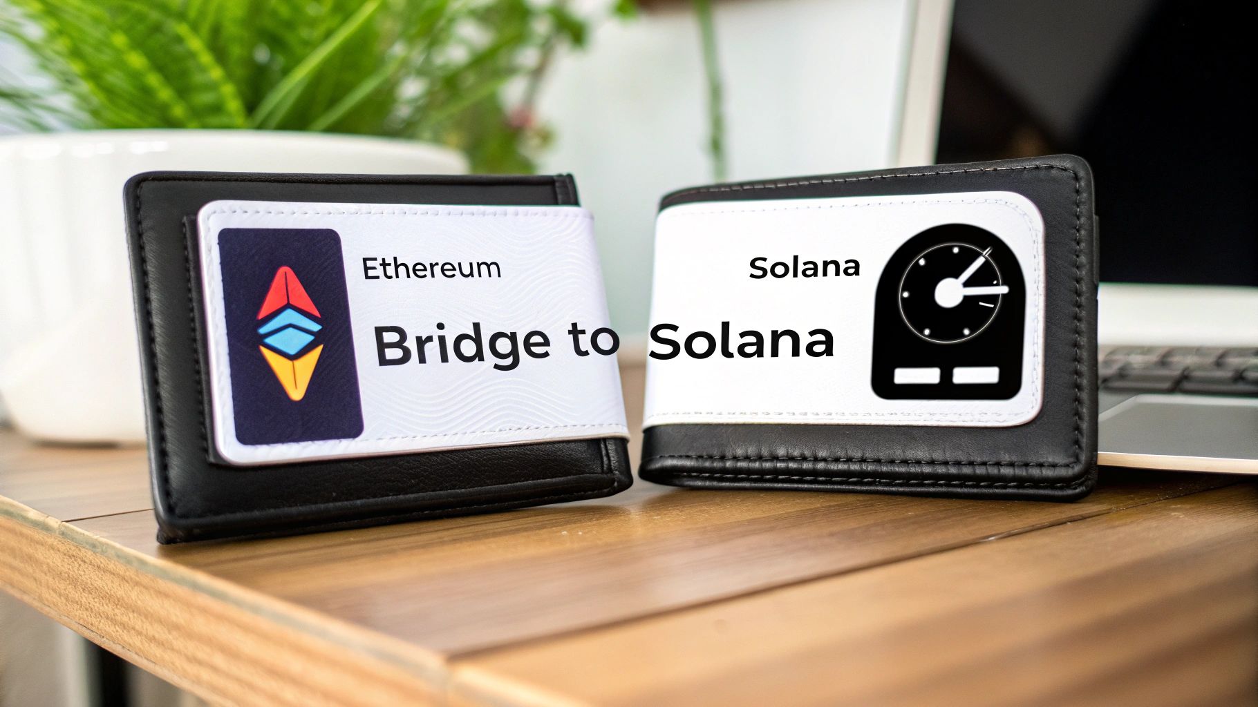 Person looking at charts with Ethereum and Solana logos floating around them.
