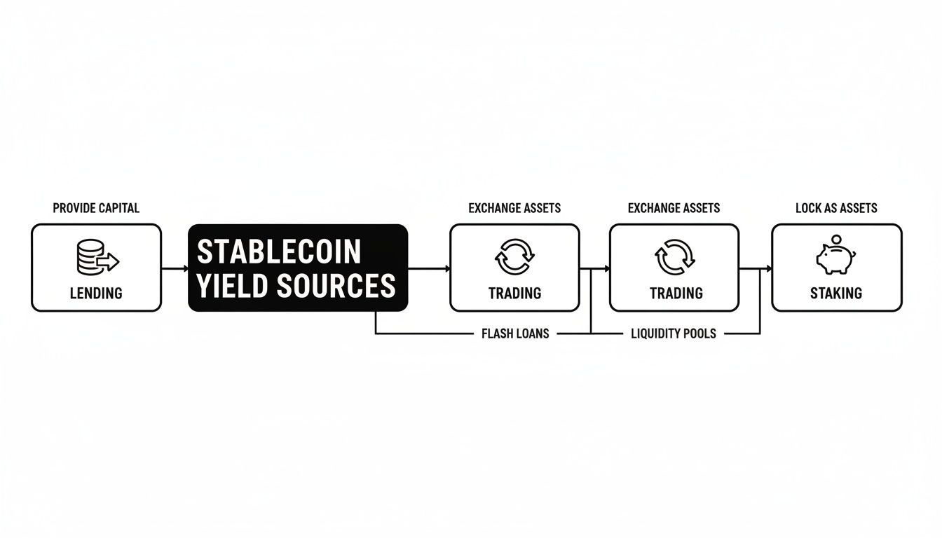 A flowchart detailing stablecoin yield sources, including lending, trading, flash loans, liquidity pools, and staking.