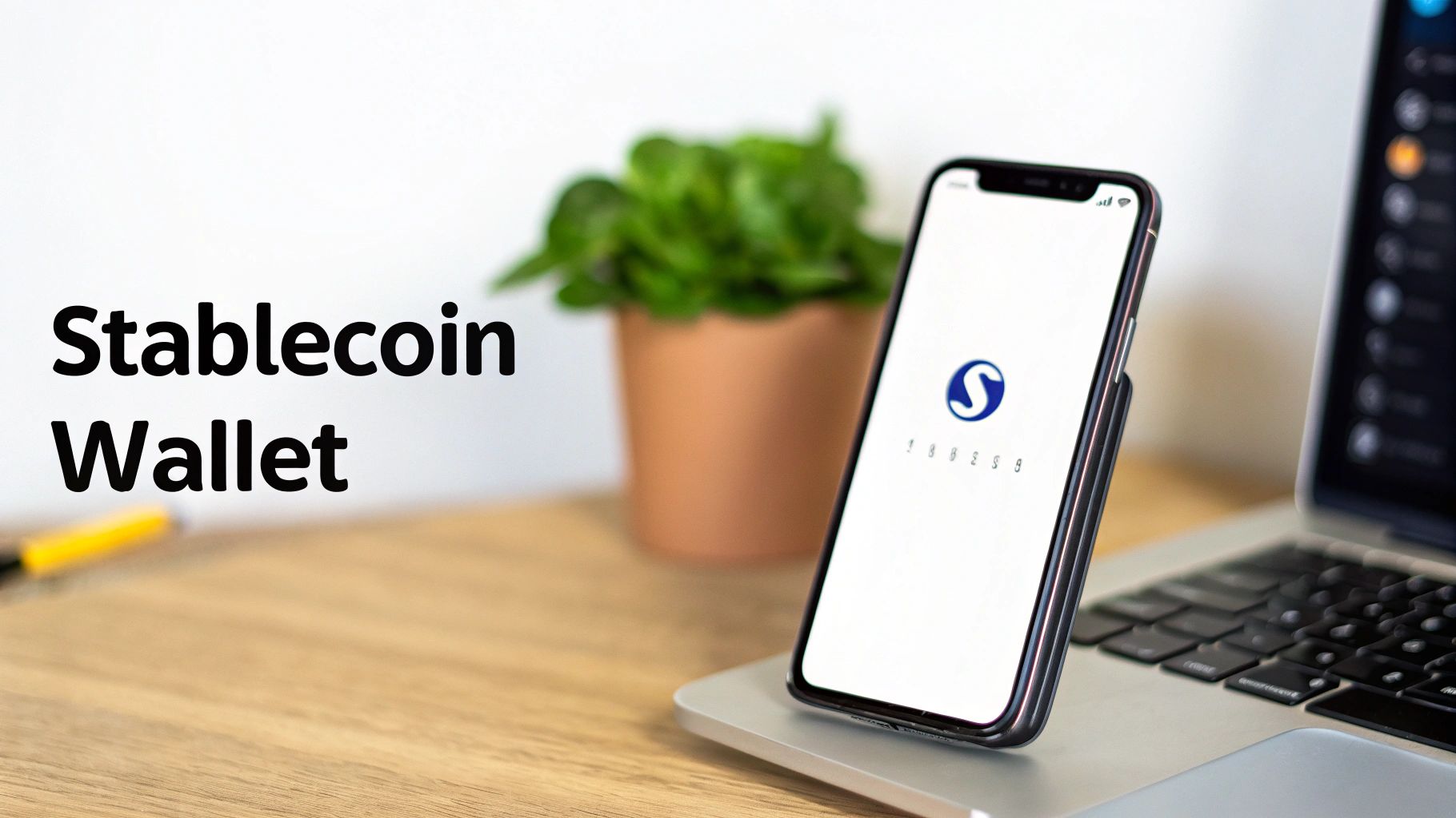 A smartphone displaying a 'S' logo app, resting on a laptop next to bold text 'Stablecoin Wallet'.
