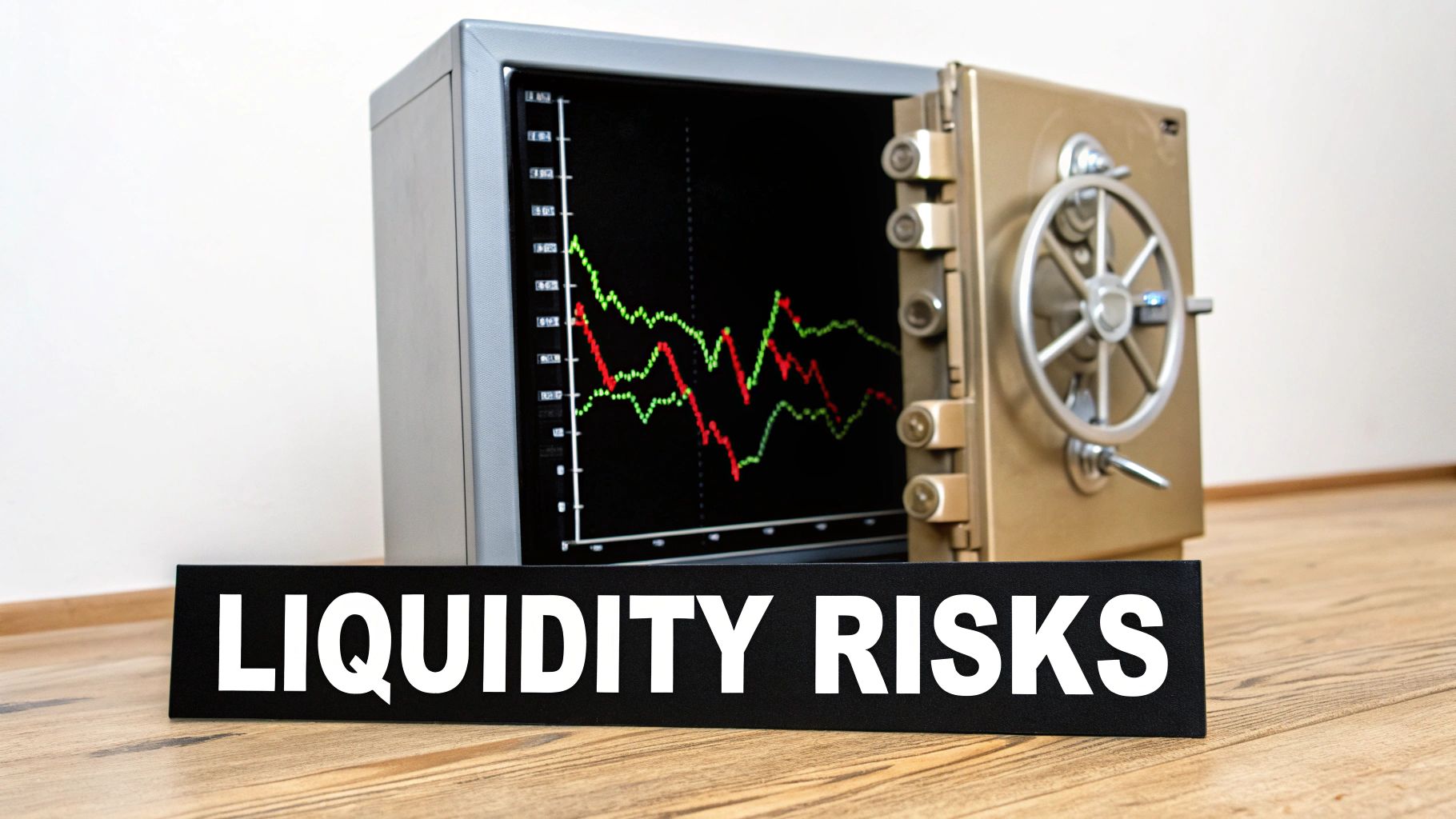 An open safe with a monitor showing a volatile financial graph, and a 'LIQUIDITY RISKS' sign.