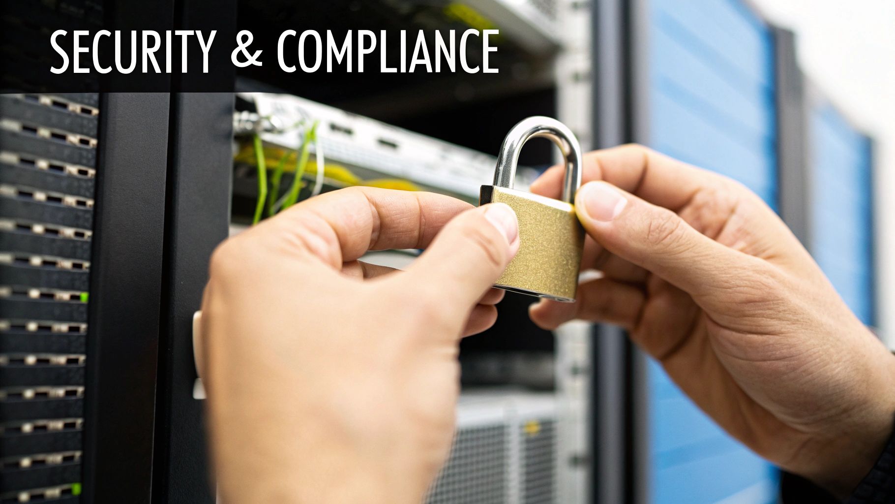 Hands holding a padlock in front of server racks, symbolizing data security and compliance.