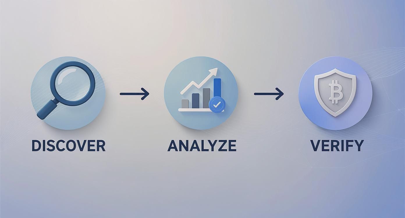A three-step process for discovering, analyzing, and verifying cryptocurrency or financial assets.