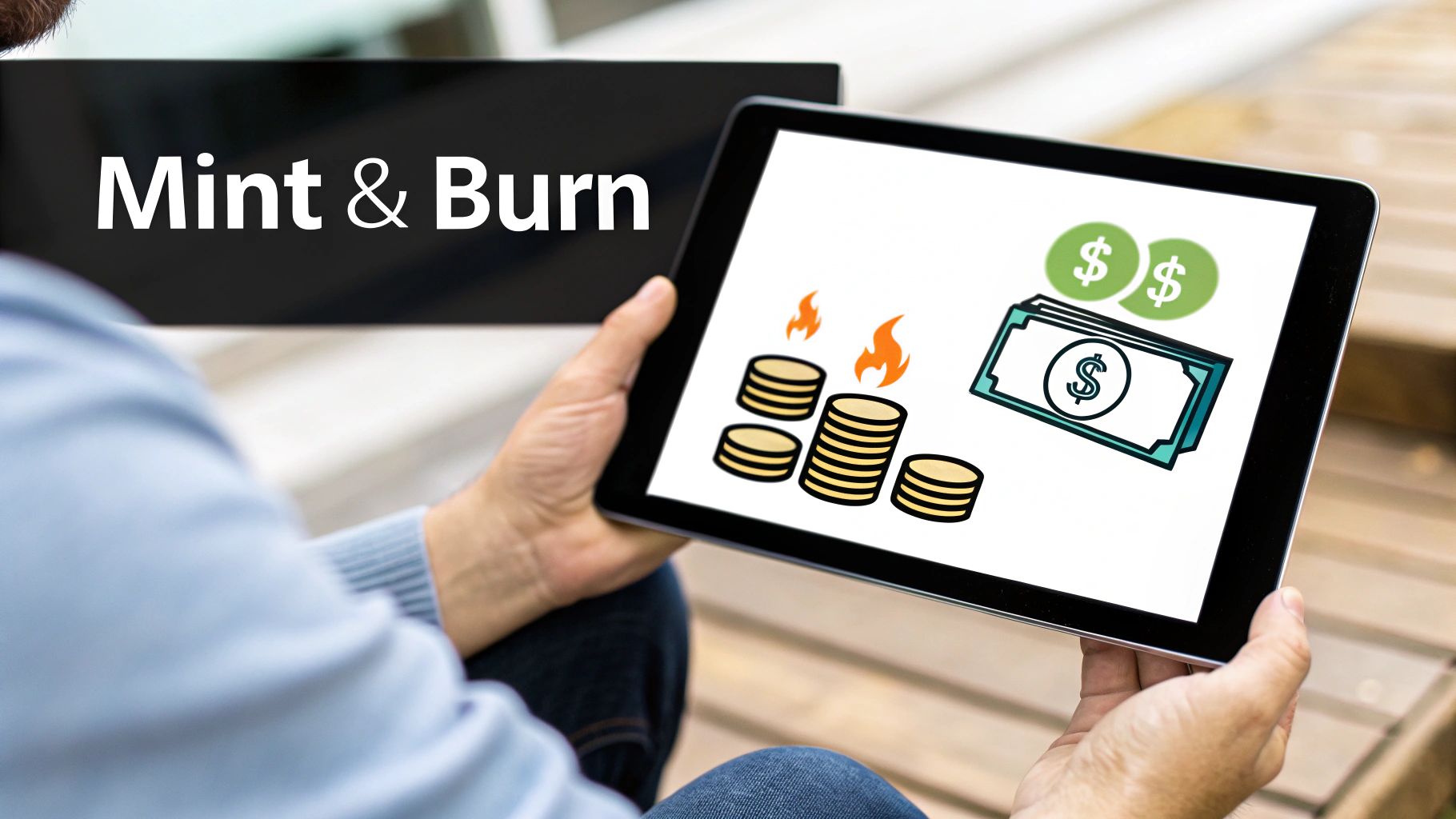 A person holds a tablet displaying illustrations of minting and burning digital currency.