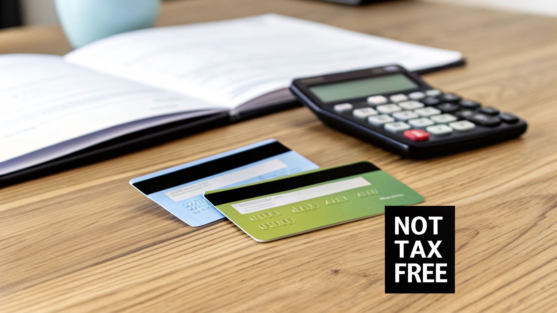 Two credit cards, a calculator, and an open notebook on a wooden desk, with a 'NOT TAX FREE' stamp.