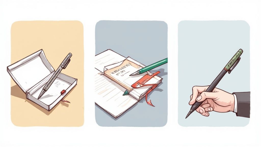 A personalized gel ink pen being used in a professional setting, such as signing a document or taking notes.