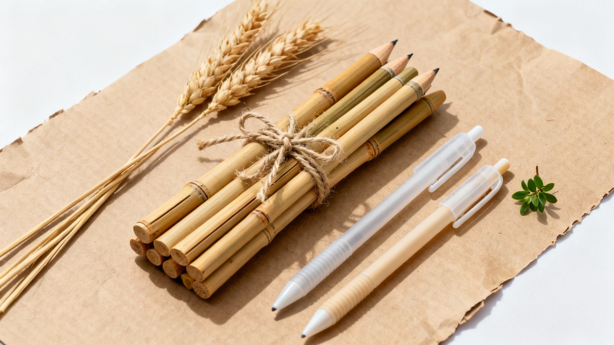 Eco-friendly bamboo pencils, white and beige pens, wheat stalks, and a green sprig on kraft paper.