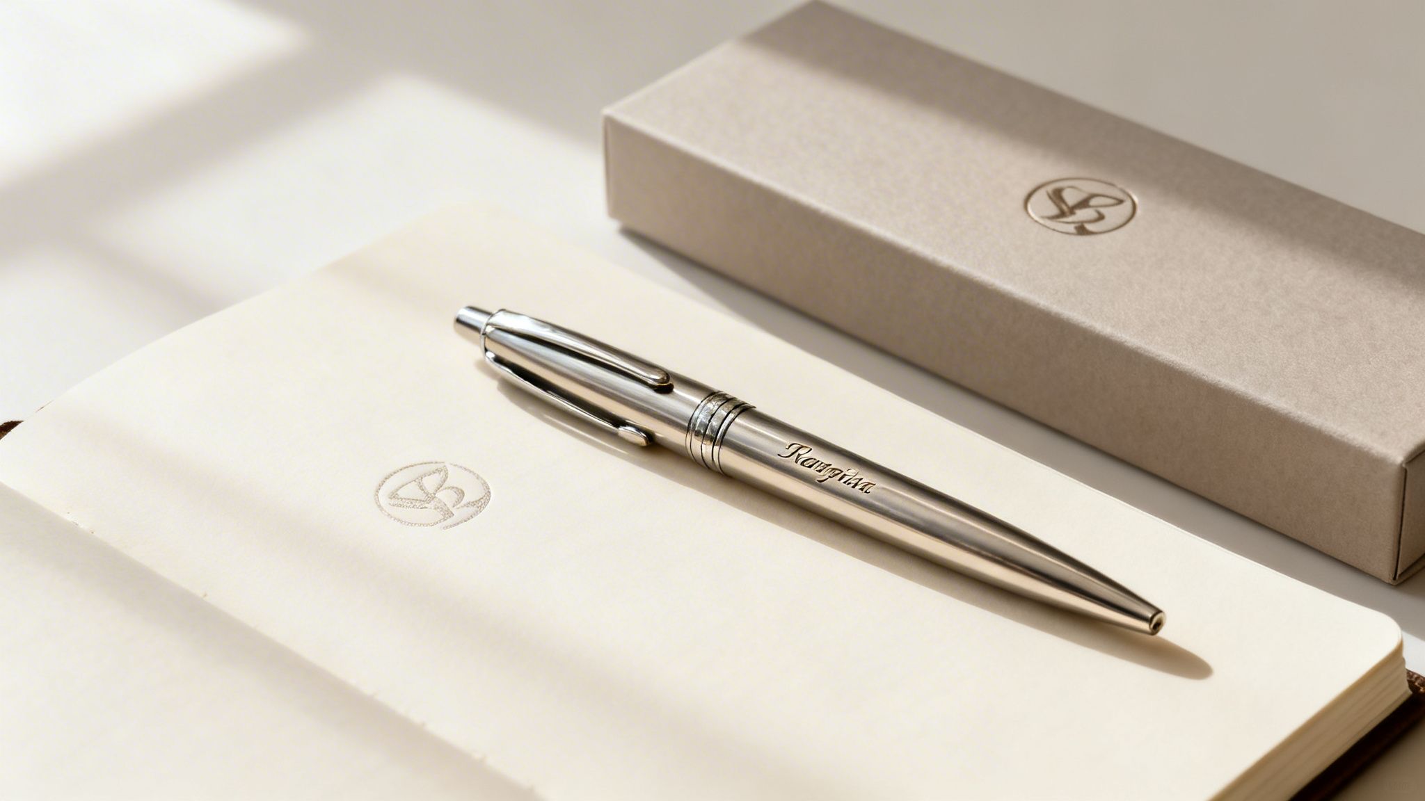 A sleek silver pen rests on an open notebook with an embossed logo, next to a beige gift box.