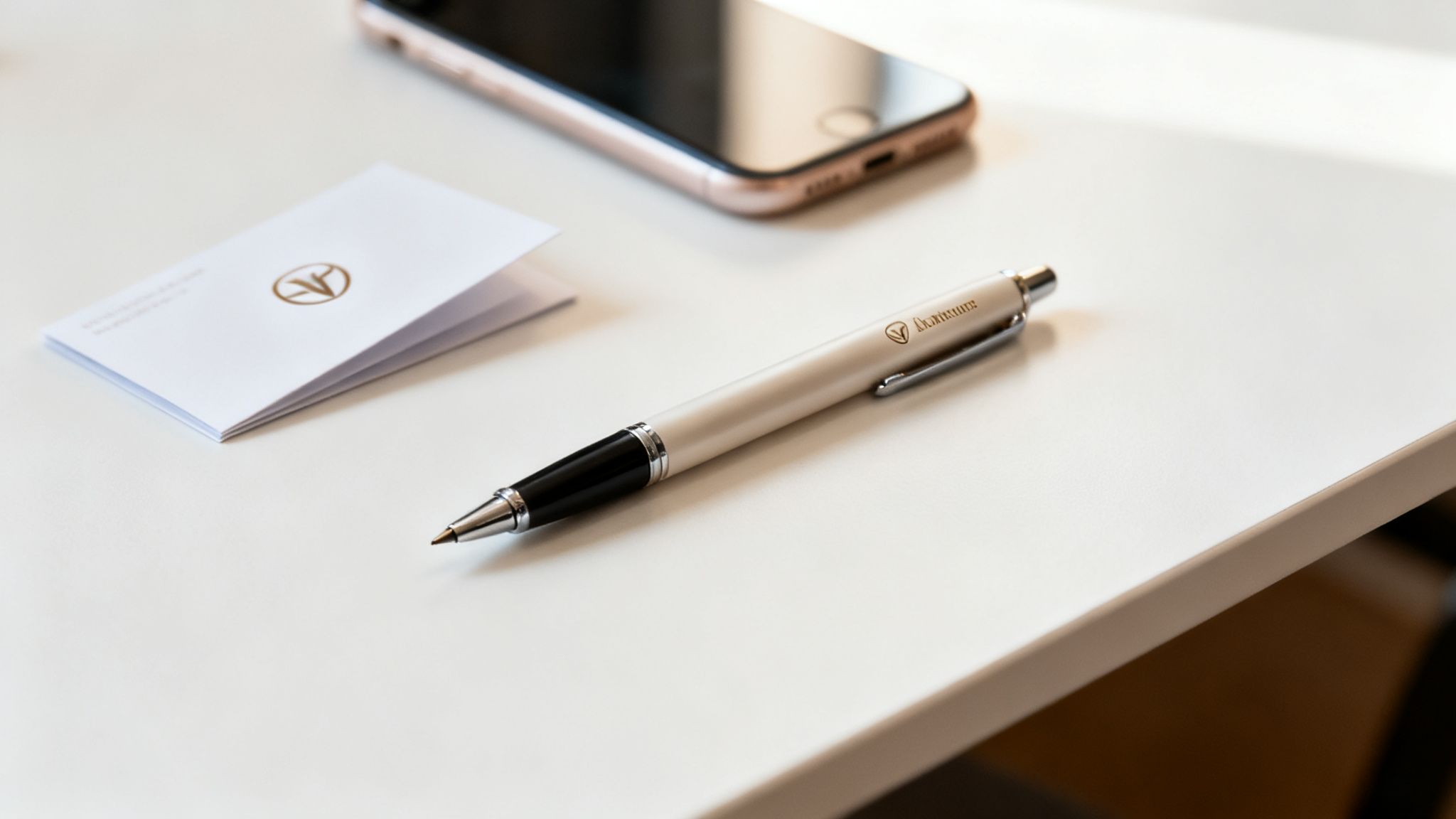 A cream-colored branded pen, folded card with a logo, and a smartphone on a white desk.