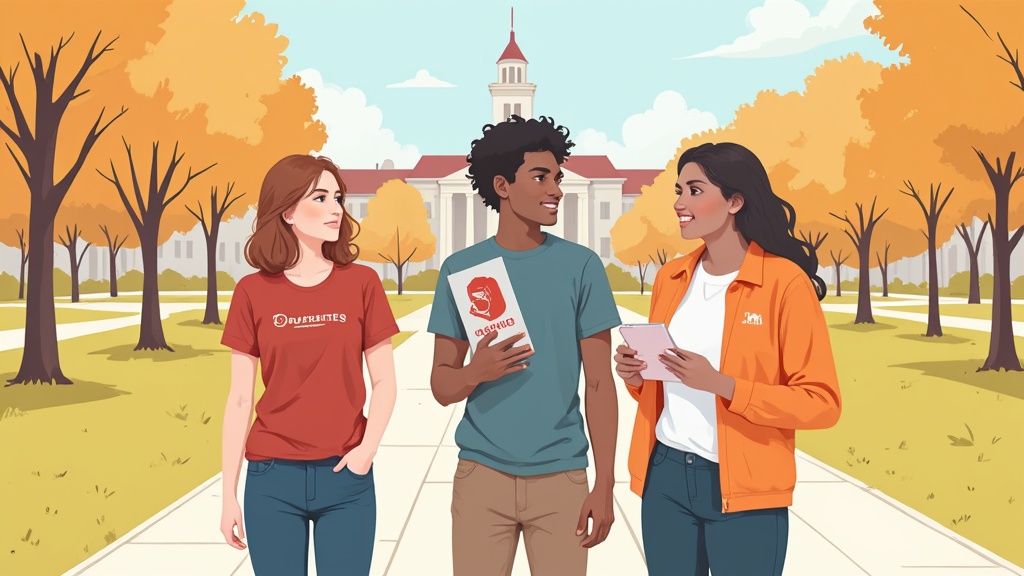 Studenti con gadget del college che sorridono insieme