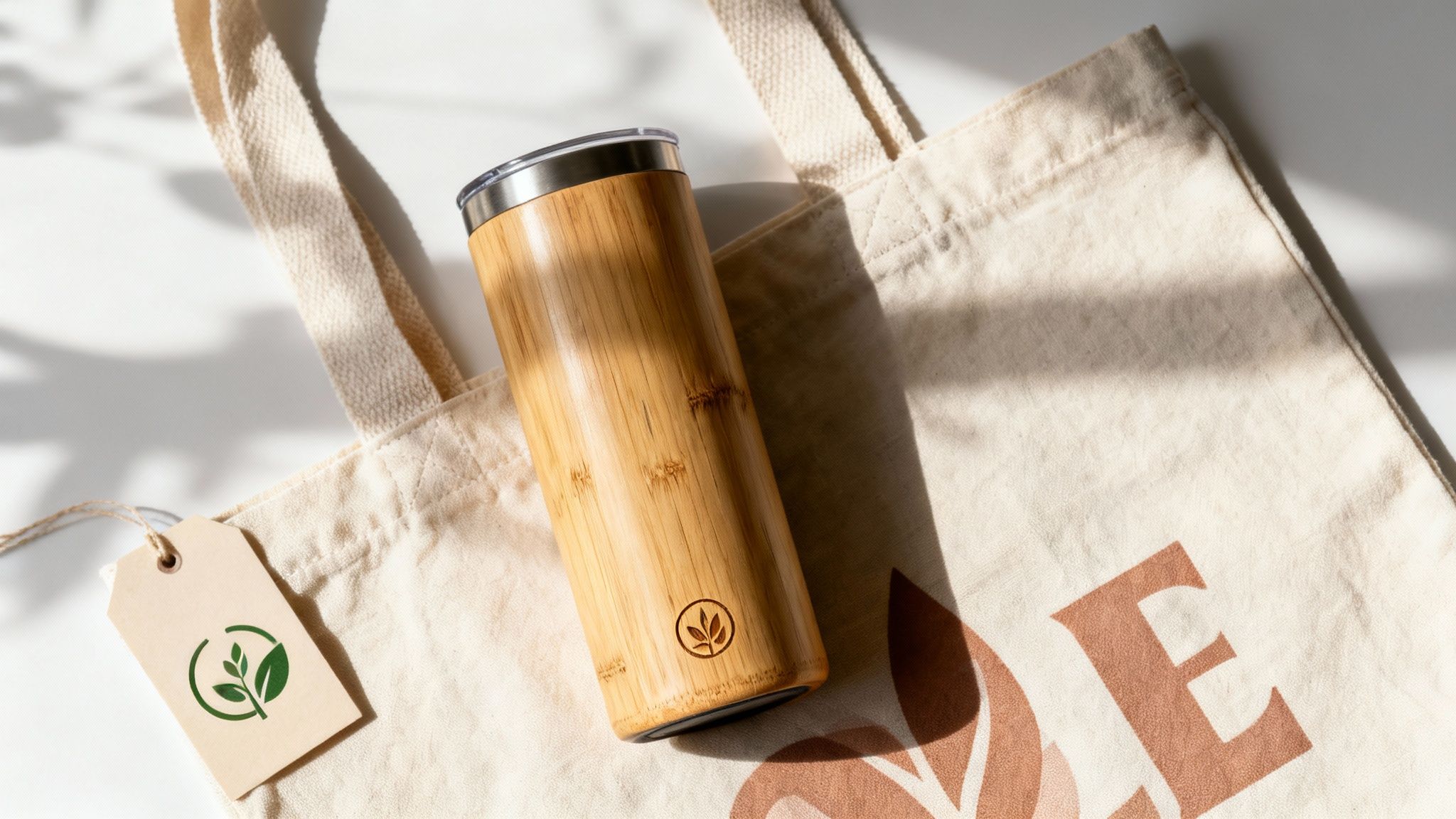 A bamboo tumbler and a canvas tote bag with eco-friendly logos for sustainable living.