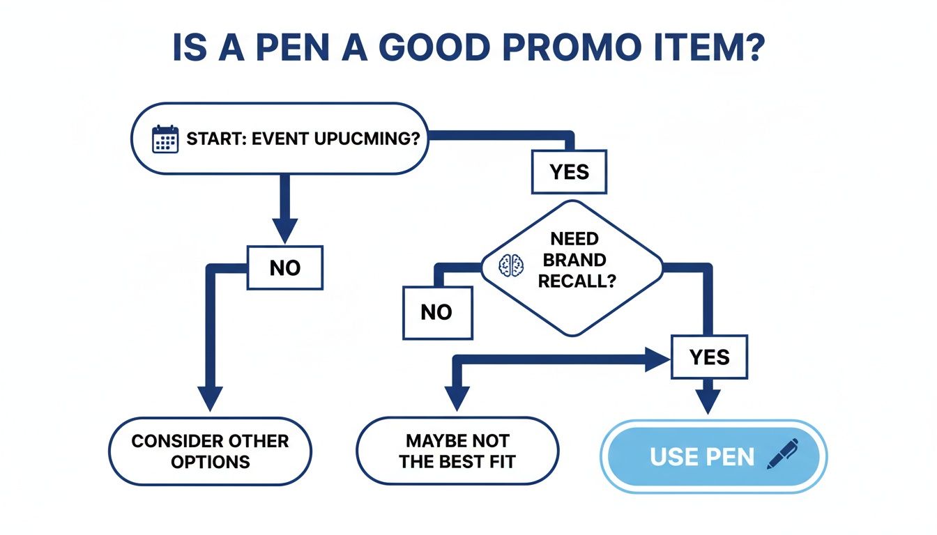 Flowchart illustrating the decision-making process for using a pen as a promotional item.