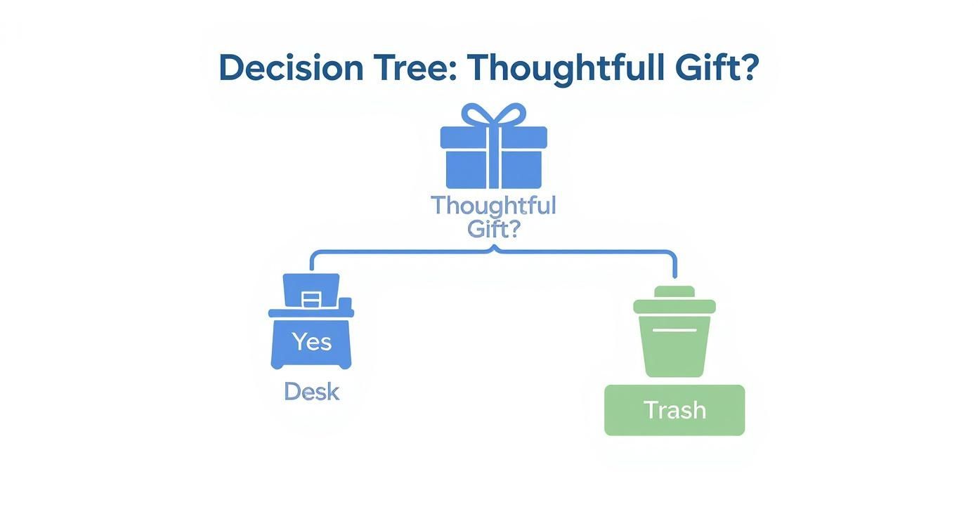 Decision tree flowchart showing thoughtful gift evaluation with desk for yes and trash for no options