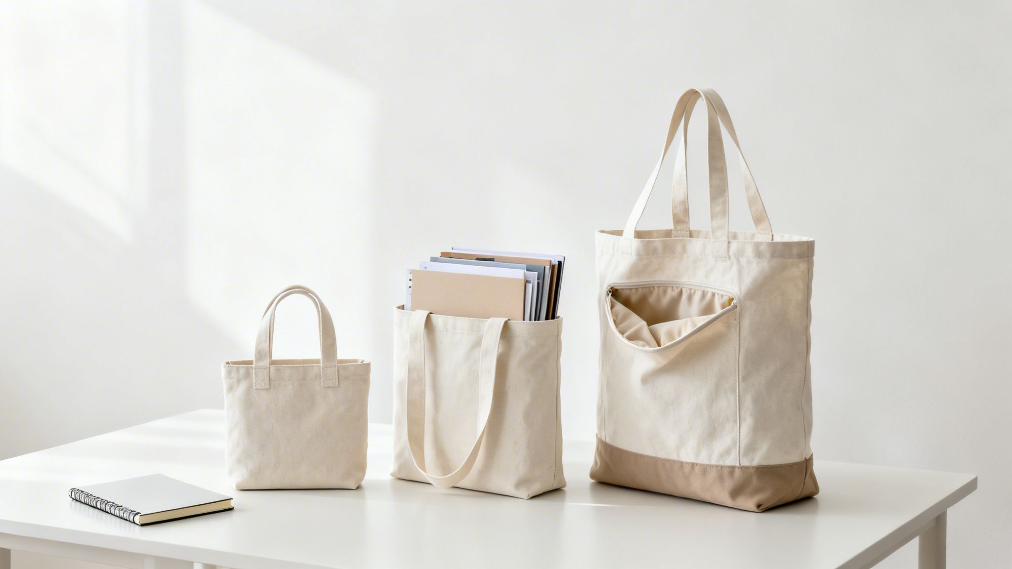 Three natural canvas tote bags of various sizes displayed on a minimalist white table with a notebook.