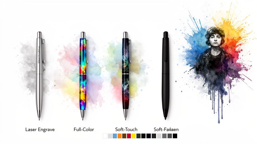 Four custom pens showcasing different finishes: laser engraved, full-color, soft-touch, and a plain black pen.