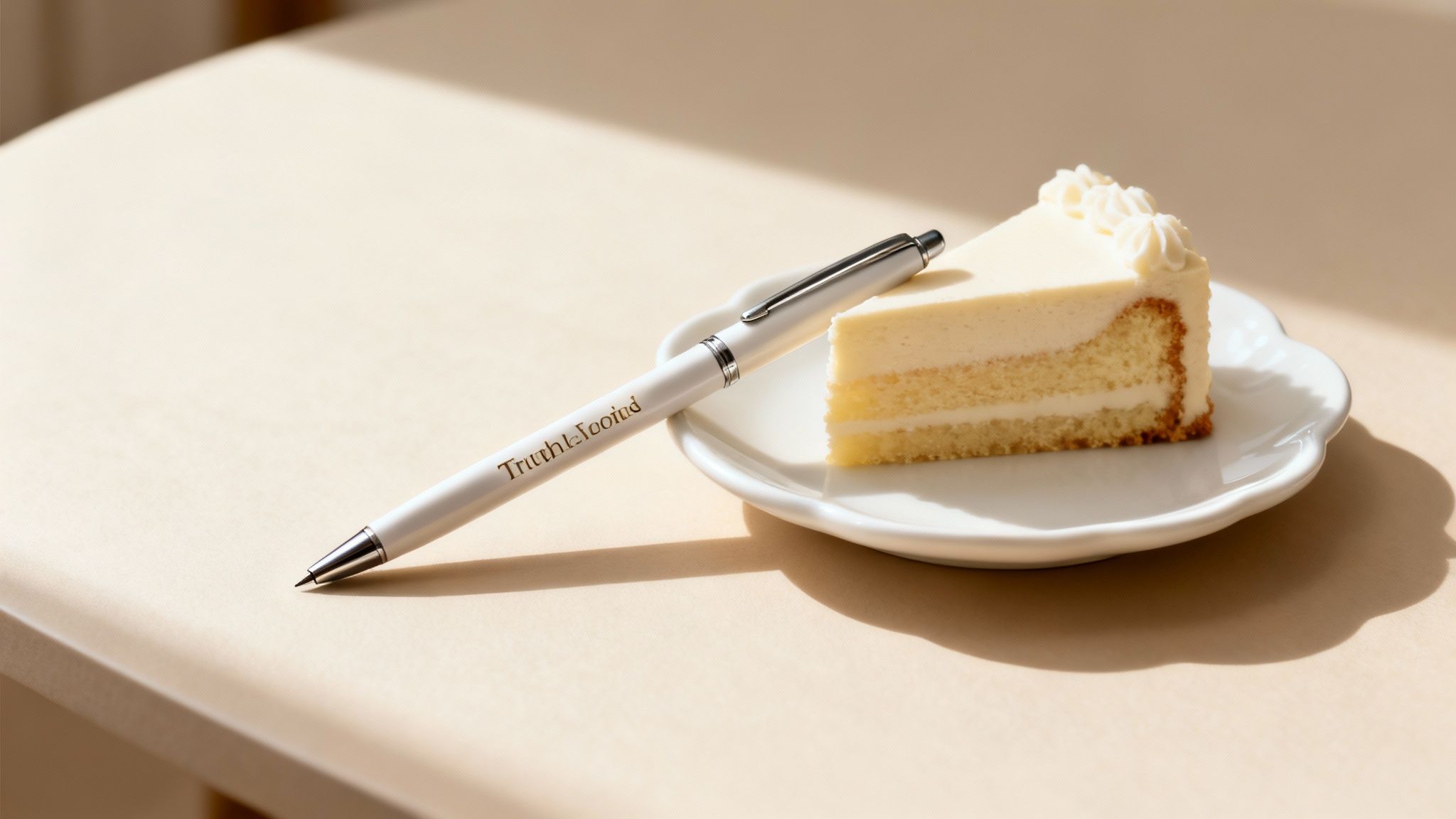 A white promotional pen with 'Truth is Found' next to a slice of cheesecake on a white plate.