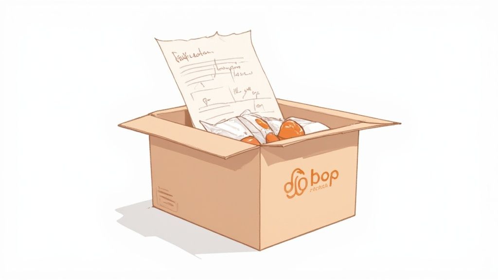 A well-designed swag box is being opened, revealing neatly arranged items like a branded notebook and water bottle nestled in crinkle paper.