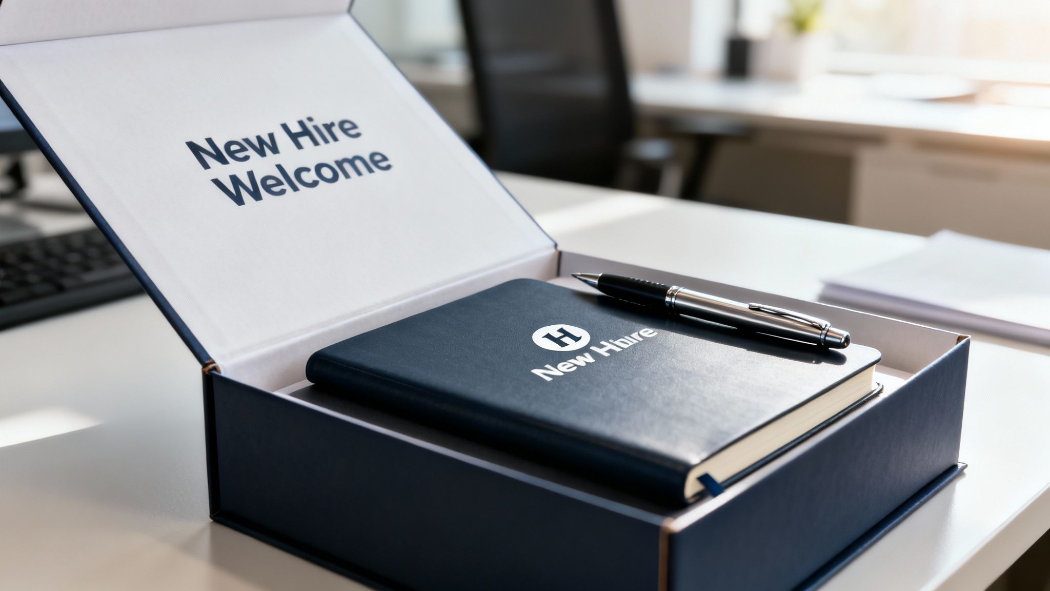 Open navy blue new hire welcome box with a notebook and pen on an office desk.