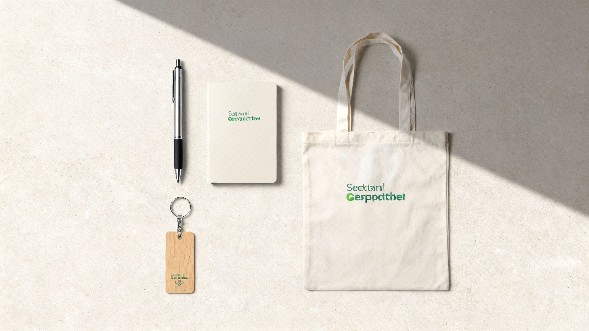 A flat lay of promotional products including a silver pen, white notebook, tote bag, and wooden keychain.