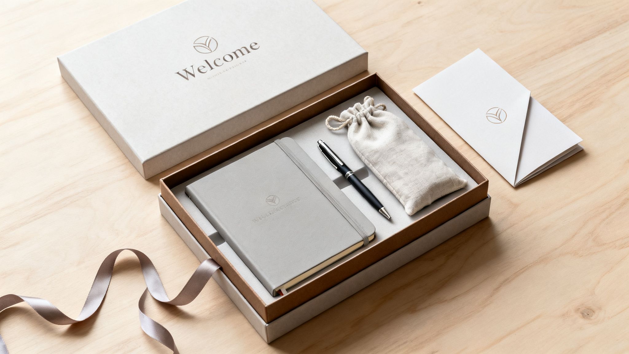 A sophisticated welcome box with a notebook, pen, pouch, envelope, and ribbon on wood.