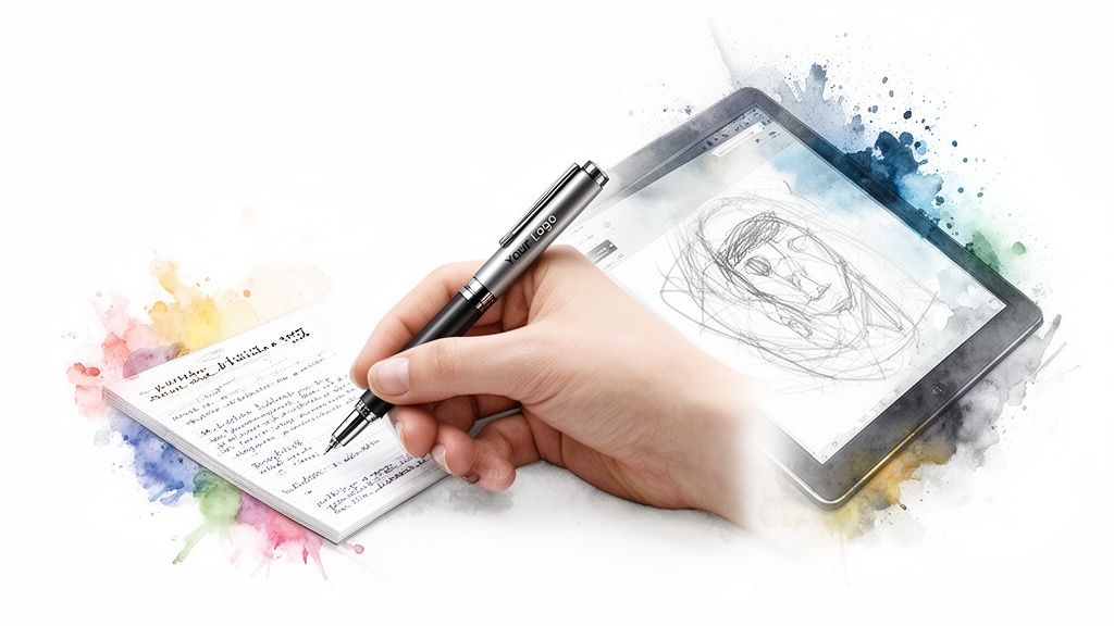 A hand writes on paper and draws on a digital tablet with a sleek custom stylus pen.